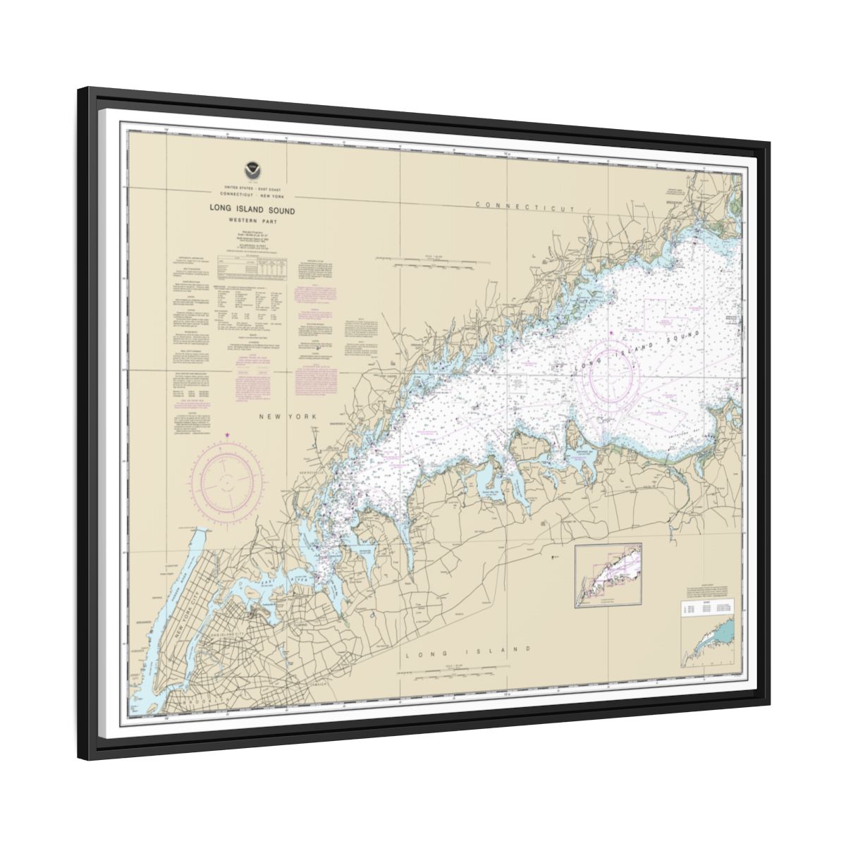 Chart 12363 Long Island Sound Western Part - NOAA Nautical Chart Floating Frame Canvas | 32" x 24" | 40" x 30" - Black side