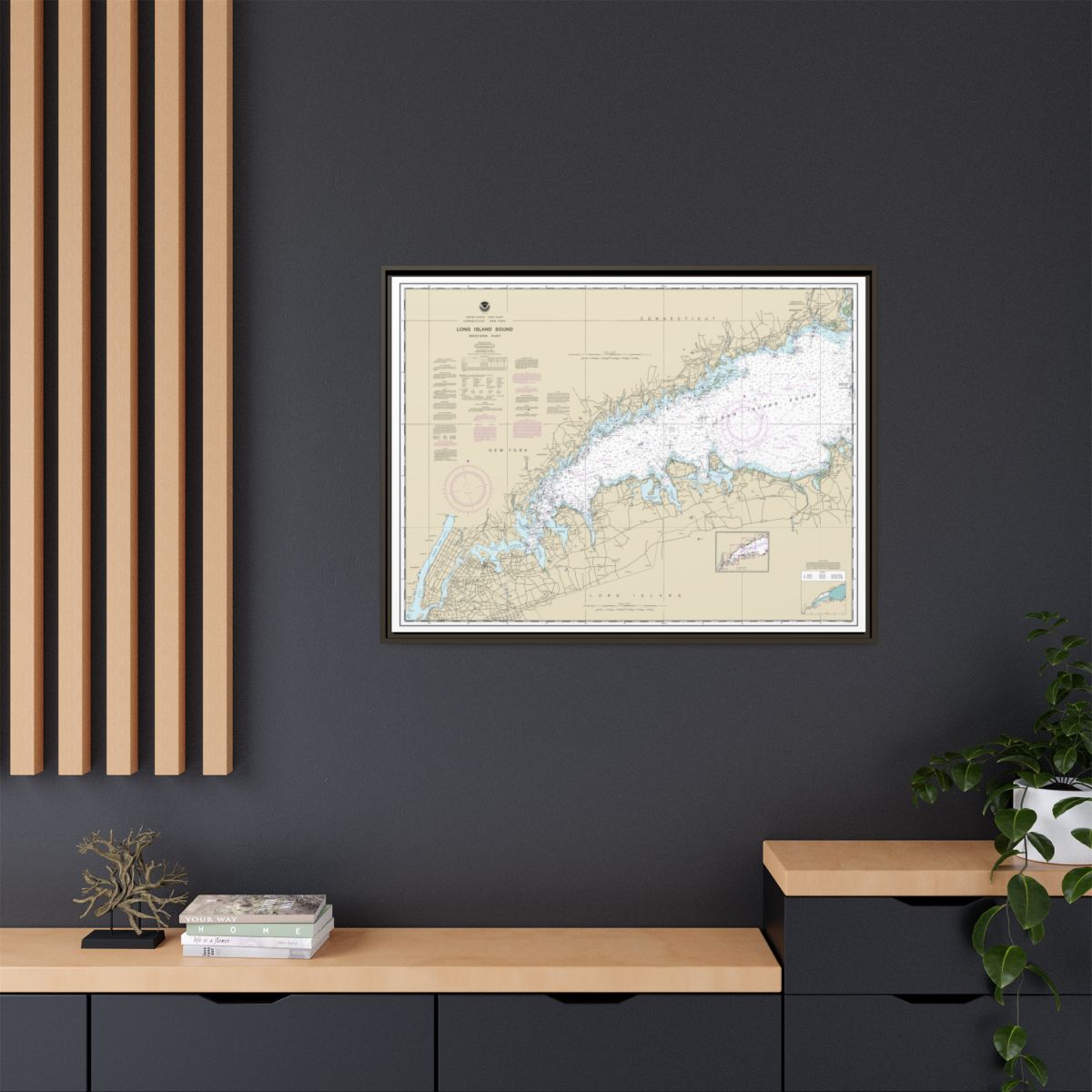 Chart 12363 Long Island Sound Western Part - NOAA Nautical Chart Floating Frame Canvas | 32" x 24" | 40" x 30" - Espresso context-2