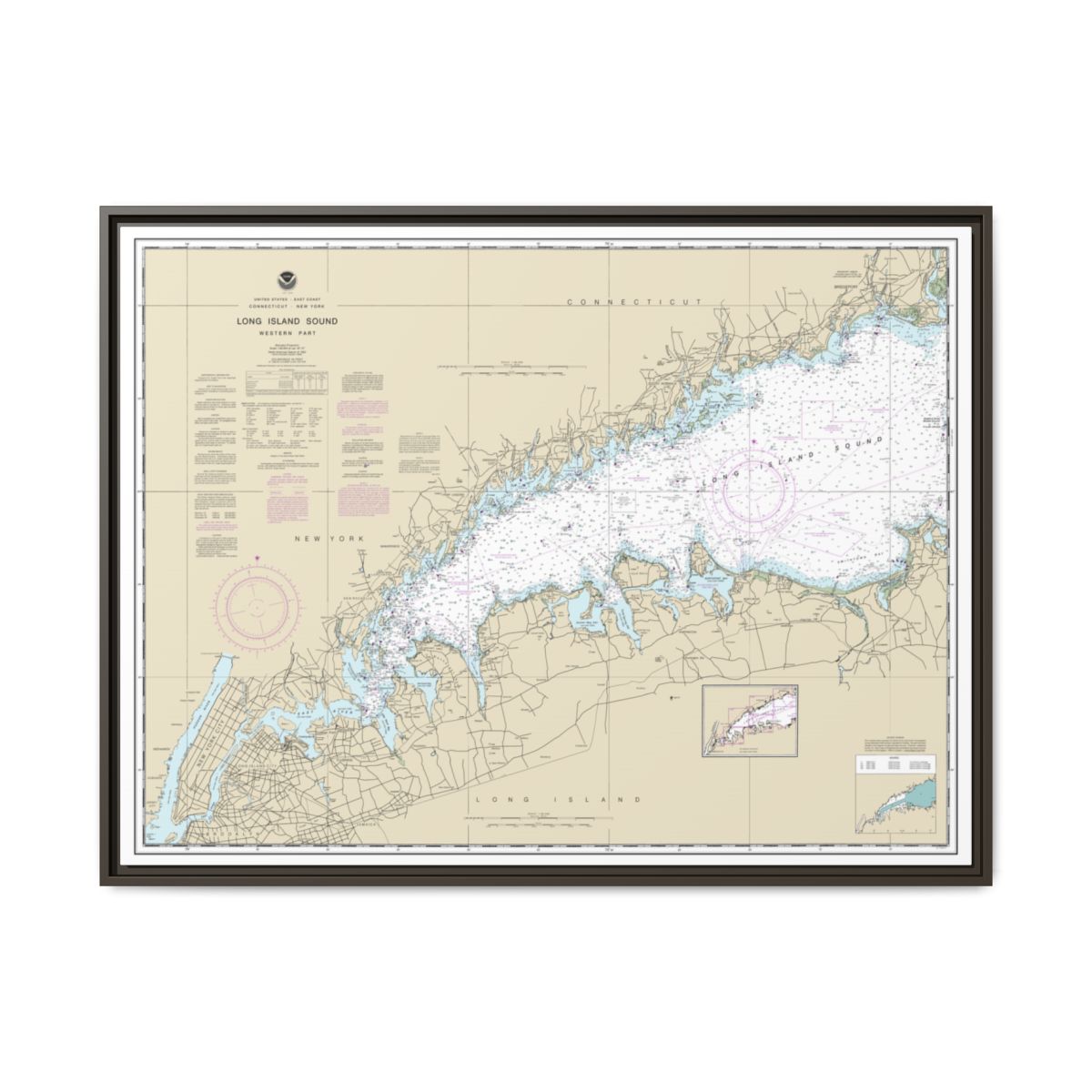 Chart 12363 Long Island Sound Western Part - NOAA Nautical Chart Floating Frame Canvas | 32" x 24" | 40" x 30" - Espresso front