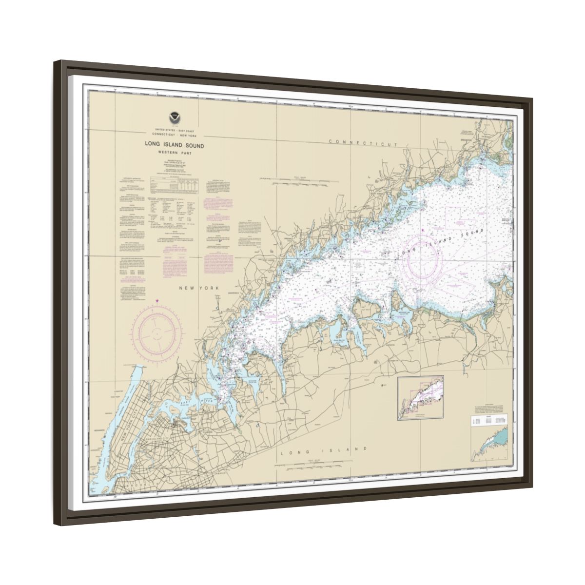 Chart 12363 Long Island Sound Western Part - NOAA Nautical Chart Floating Frame Canvas | 32" x 24" | 40" x 30" - Espresso side
