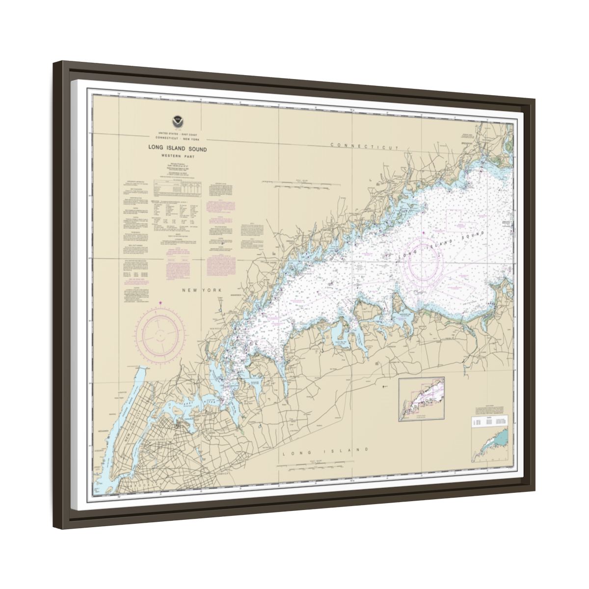 Chart 12363 Long Island Sound Western Part - NOAA Nautical Chart Floating Frame Canvas | 32" x 24" | 40" x 30" - Espresso side