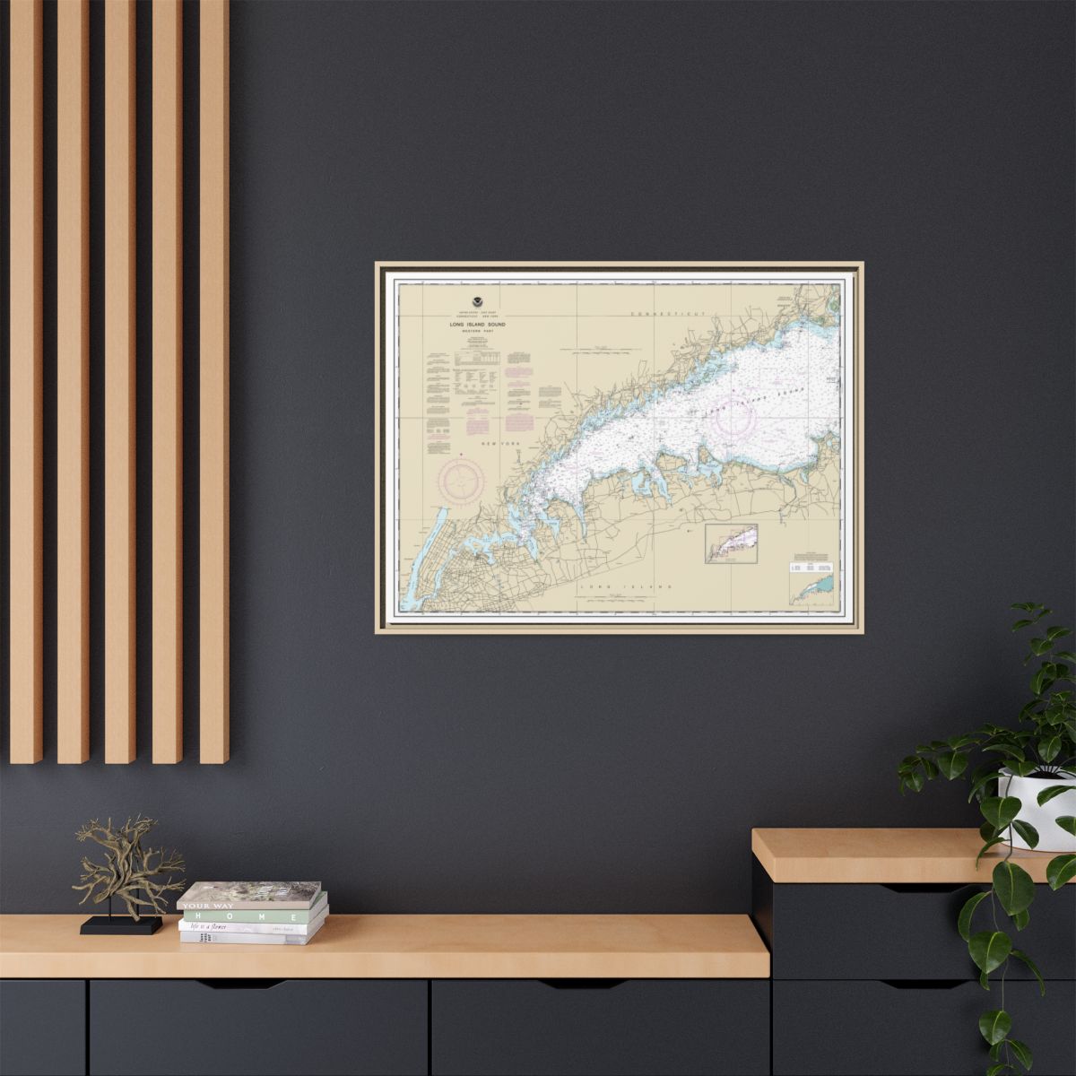 Chart 12363 Long Island Sound Western Part - NOAA Nautical Chart Floating Frame Canvas | 32" x 24" | 40" x 30" - Natural context-2