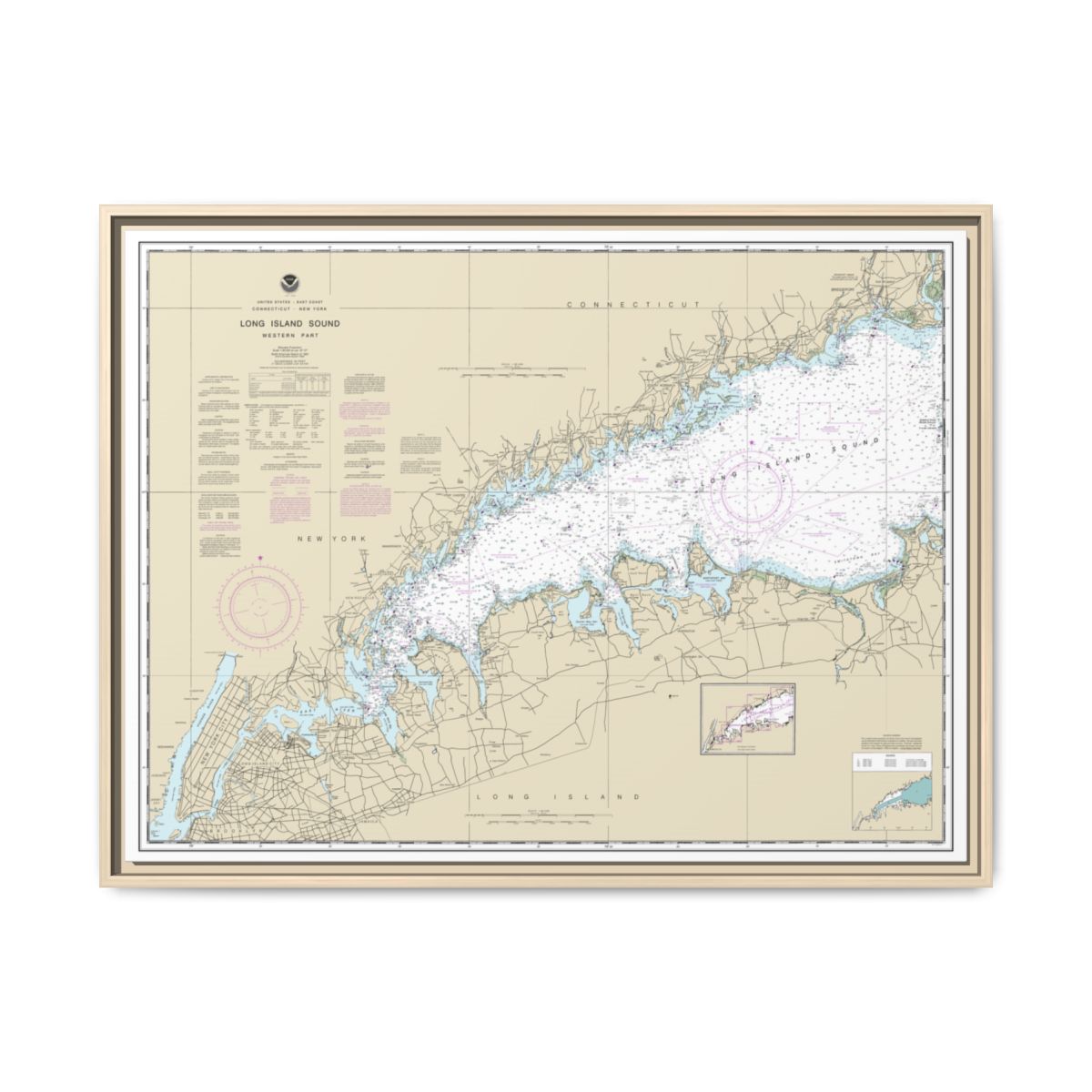 Chart 12363 Long Island Sound Western Part - NOAA Nautical Chart Floating Frame Canvas | 32" x 24" | 40" x 30" - Natural front