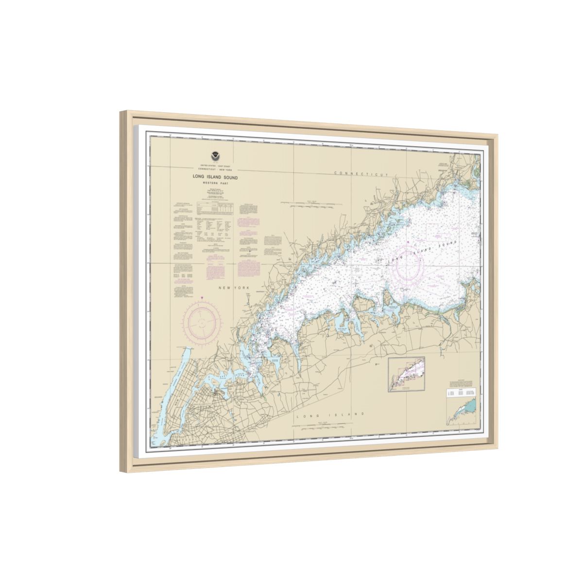Chart 12363 Long Island Sound Western Part - NOAA Nautical Chart Floating Frame Canvas | 32" x 24" | 40" x 30" - Natural side