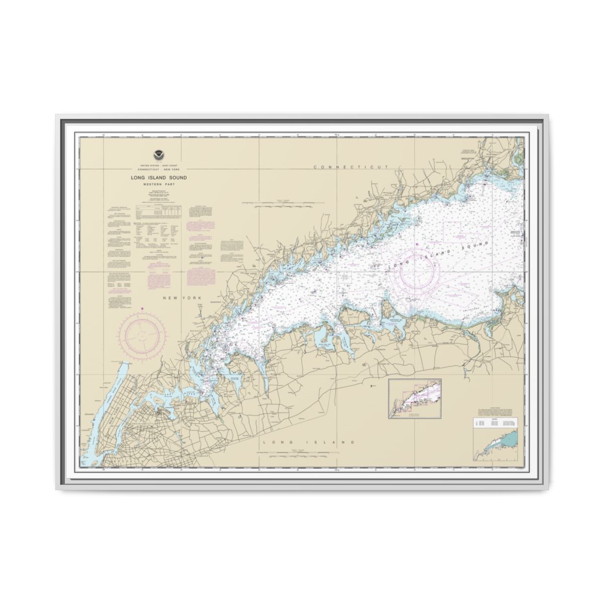 Chart 12363 Long Island Sound Western Part - NOAA Nautical Chart Floating Frame Canvas | 32" x 24" | 40" x 30" - White front