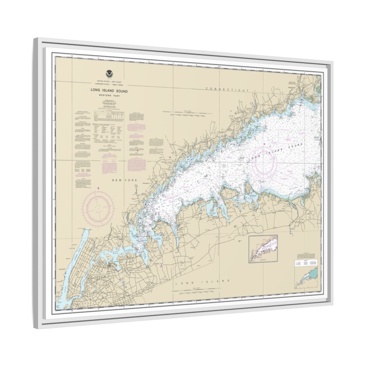 Chart 12363 Long Island Sound Western Part - NOAA Nautical Chart Floating Frame Canvas | 32" x 24" | 40" x 30" - White side