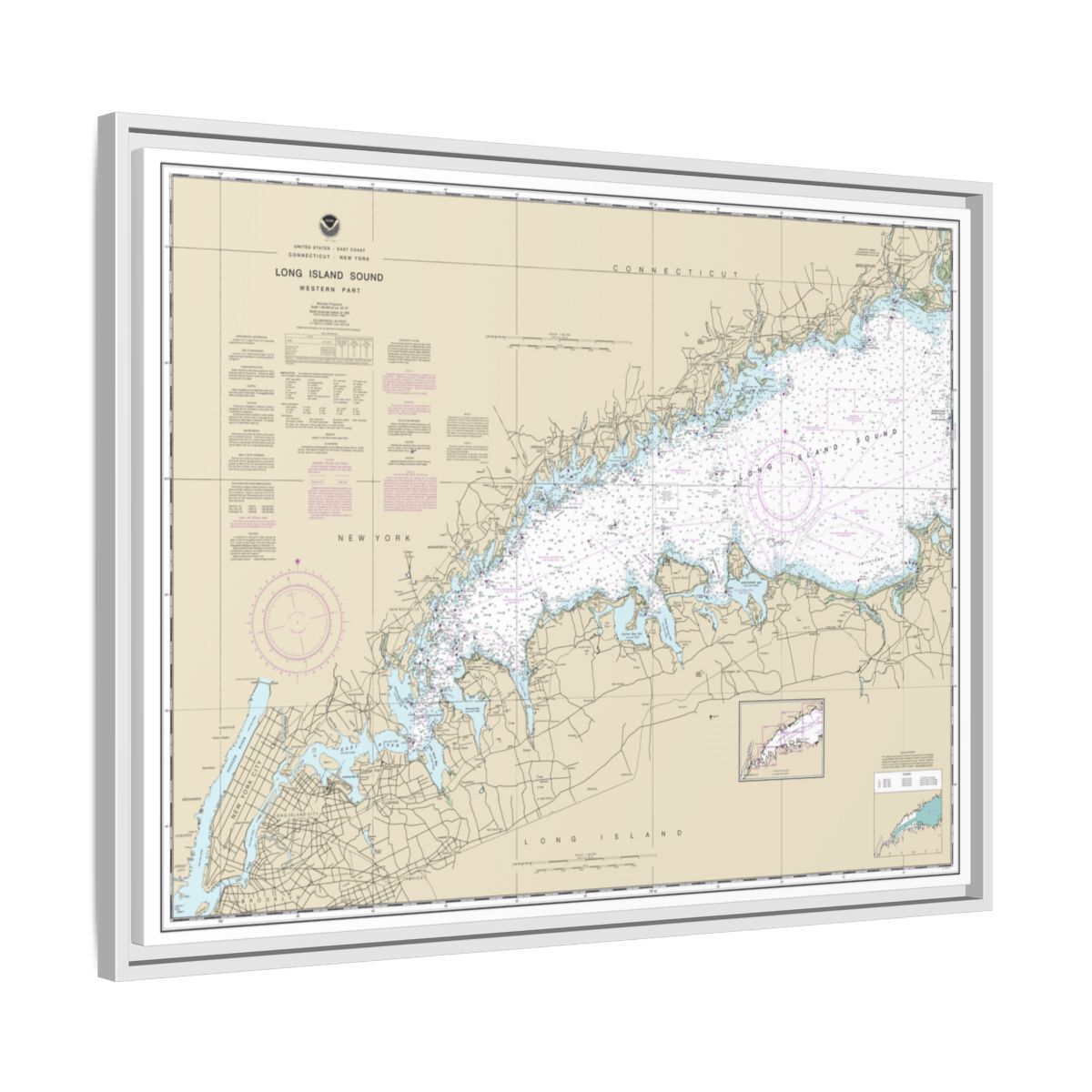 Chart 12363 Long Island Sound Western Part - NOAA Nautical Chart Floating Frame Canvas | 32" x 24" | 40" x 30" - White side