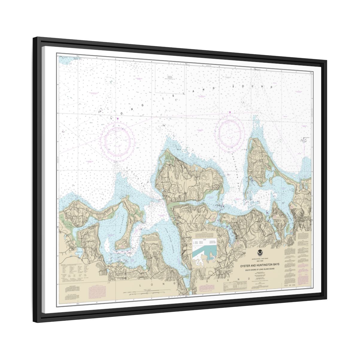 Chart 12365 South Shore of Long Island Sound Oyster and Huntington Bays - NOAA Nautical Chart Floating Frame Canvas | 32" x 24" | 40" x 30" - Black side