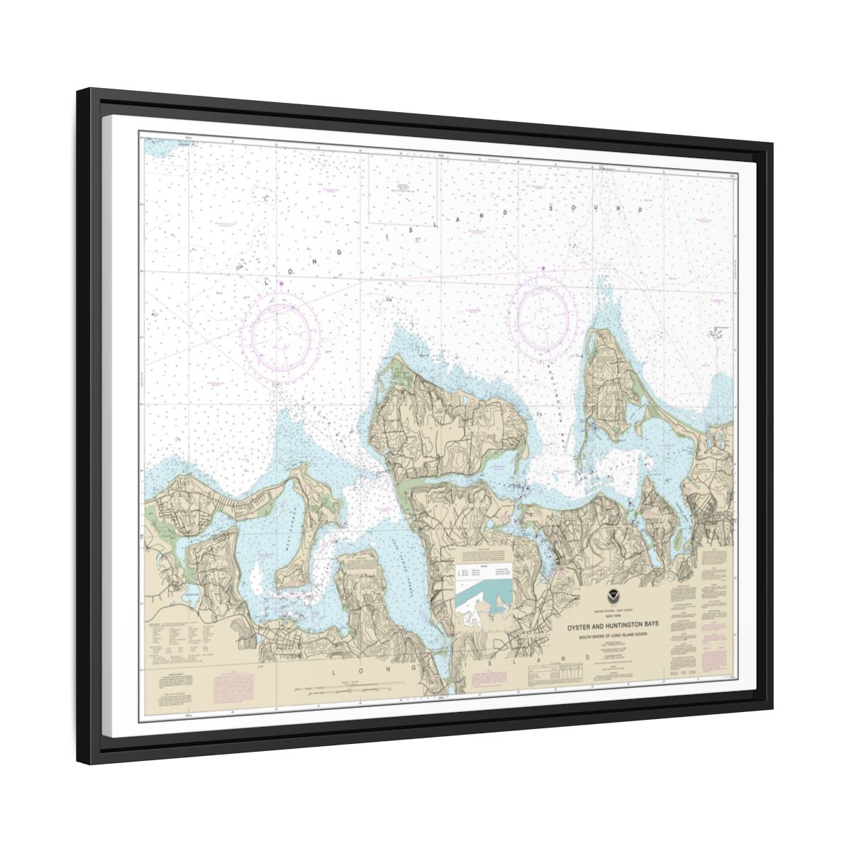 Chart 12365 South Shore of Long Island Sound Oyster and Huntington Bays - NOAA Nautical Chart Floating Frame Canvas | 32" x 24" | 40" x 30" - Black side