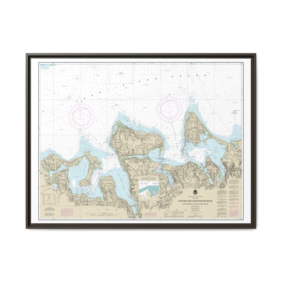 Chart 12365 South Shore of Long Island Sound Oyster and Huntington Bays - NOAA Nautical Chart Floating Frame Canvas | 32" x 24" | 40" x 30" - Espresso front