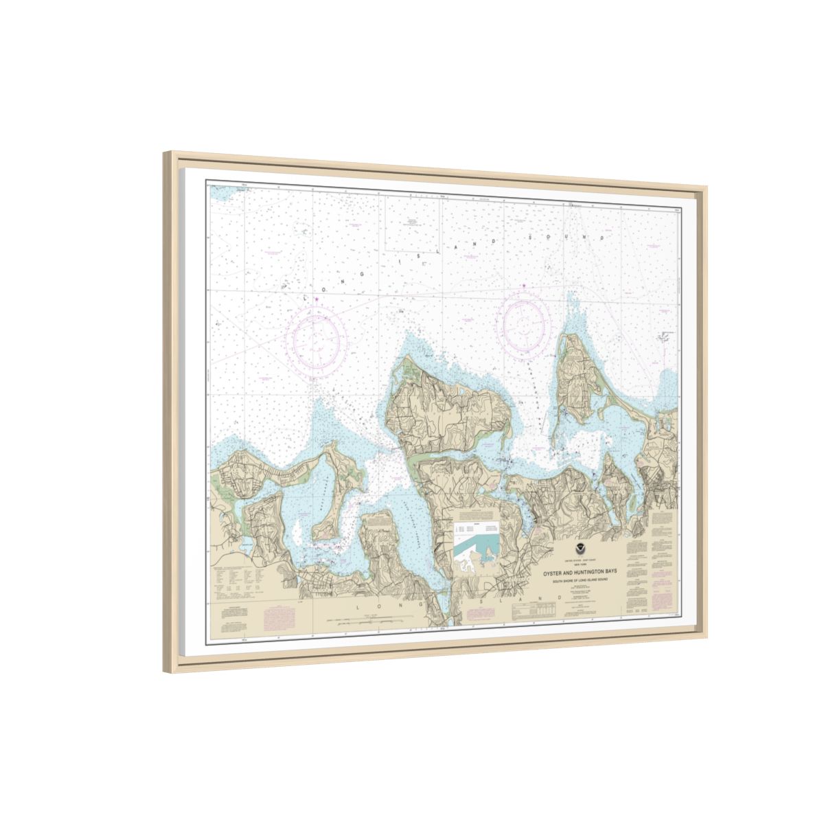 Chart 12365 South Shore of Long Island Sound Oyster and Huntington Bays - NOAA Nautical Chart Floating Frame Canvas | 32" x 24" | 40" x 30" - Natural side