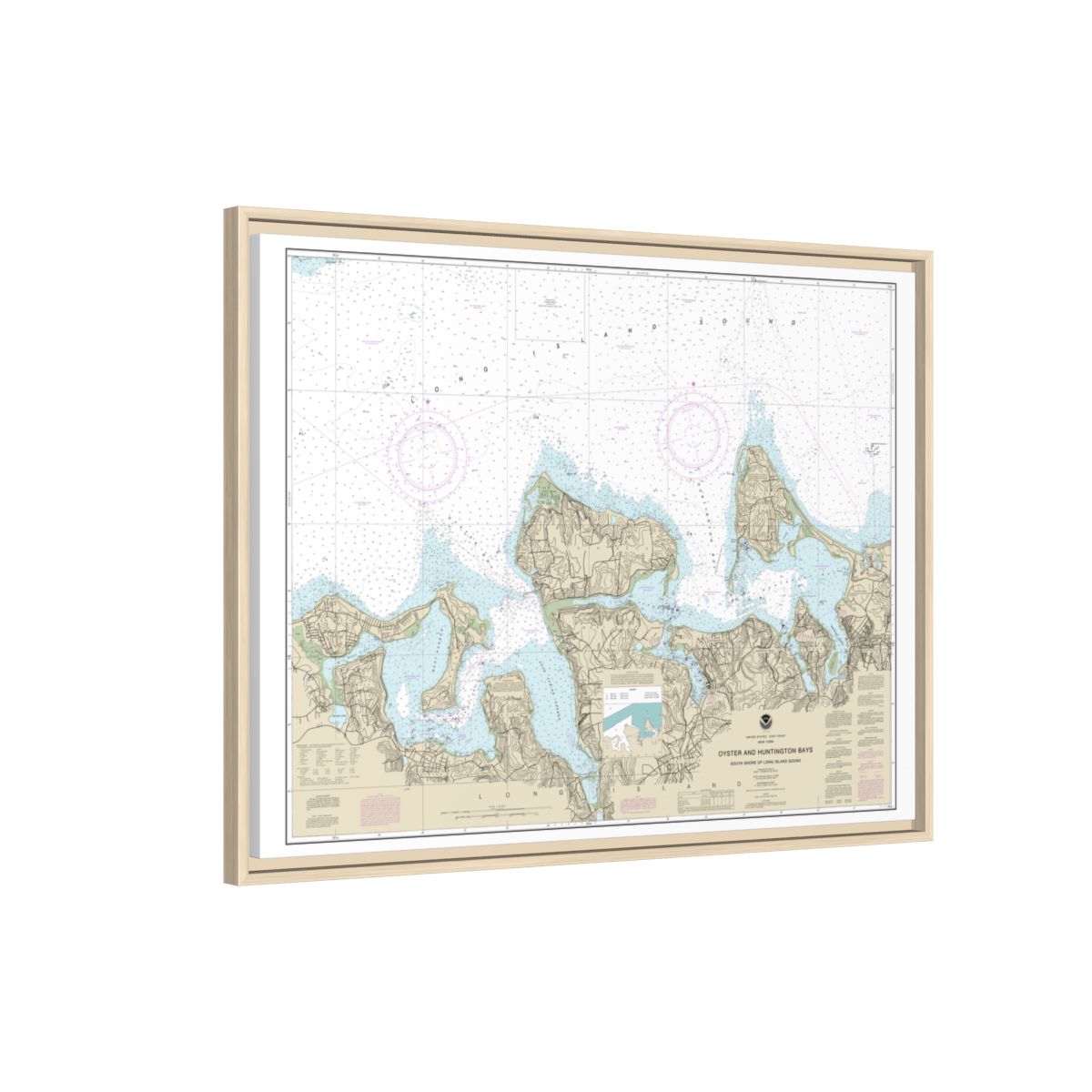 Chart 12365 South Shore of Long Island Sound Oyster and Huntington Bays - NOAA Nautical Chart Floating Frame Canvas | 32" x 24" | 40" x 30" - Natural side