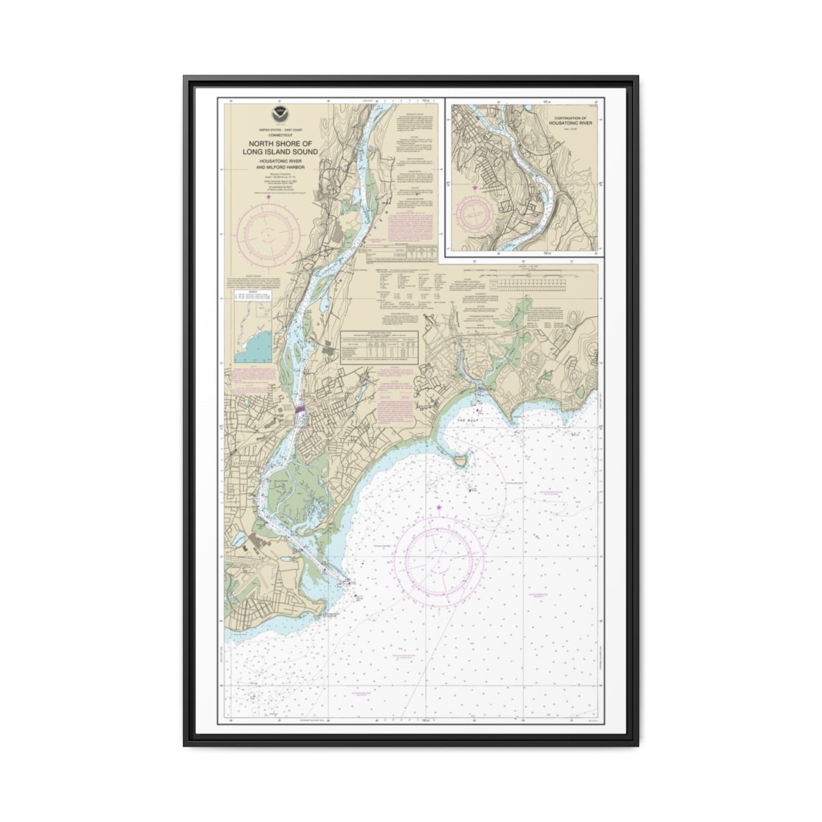 Chart 12370 North Shore of Long Island Sound Housatonic River and Milford Harbor - NOAA Nautical Chart Floating Frame Canvas | 20" x 30" | 24" x 36" | 32" x 48" - Black front