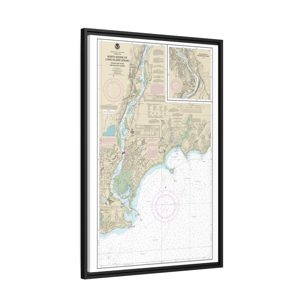 Chart 12370 North Shore of Long Island Sound Housatonic River and Milford Harbor - NOAA Nautical Chart Floating Frame Canvas | 20" x 30" | 24" x 36" | 32" x 48" - Black side