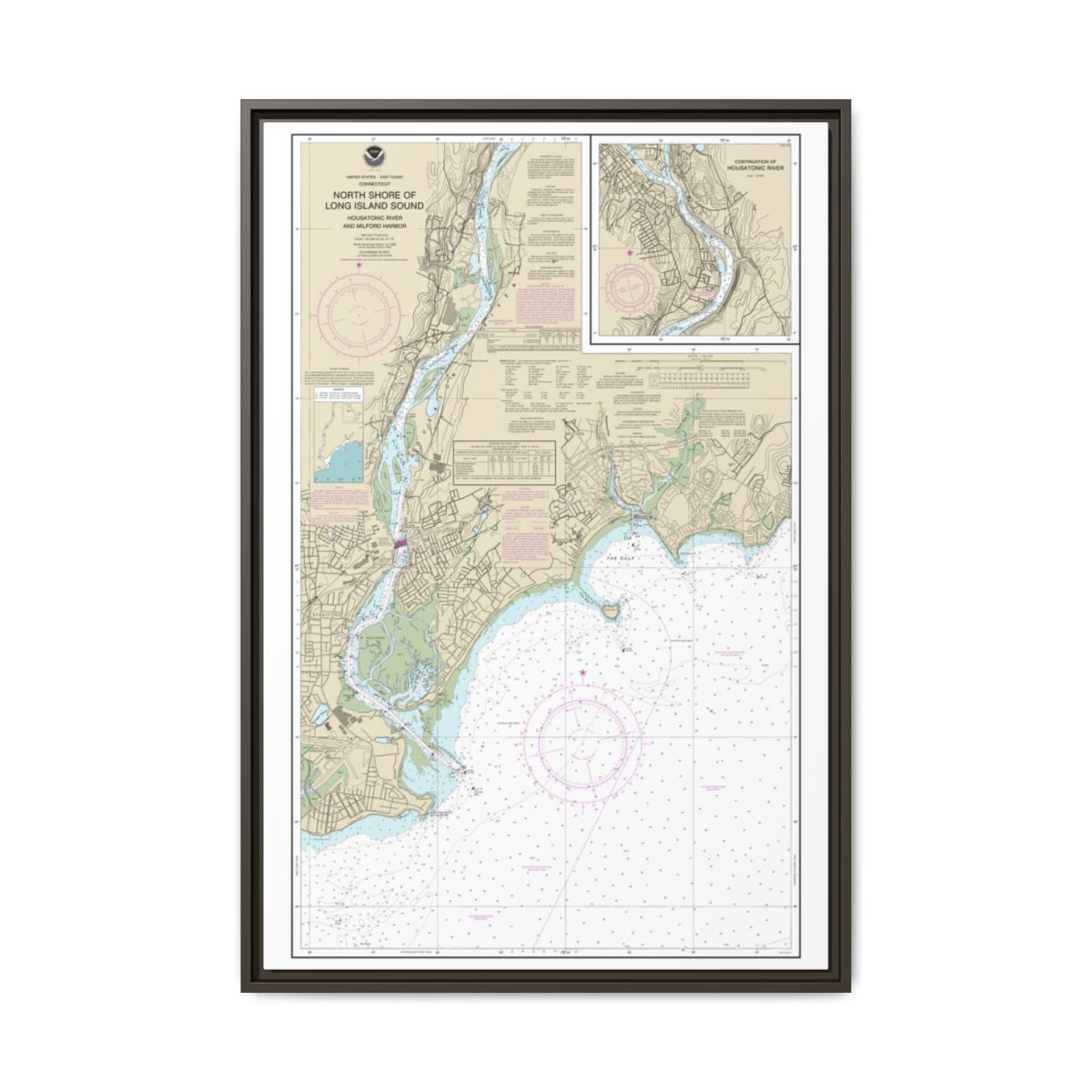 Chart 12370 North Shore of Long Island Sound Housatonic River and Milford Harbor - NOAA Nautical Chart Floating Frame Canvas | 20" x 30" | 24" x 36" | 32" x 48" - Espresso front