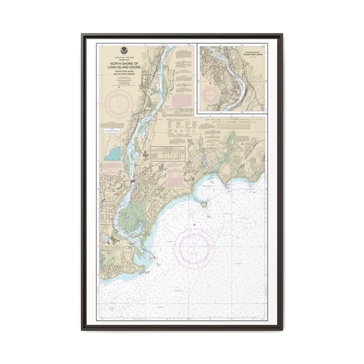 Chart 12370 North Shore of Long Island Sound Housatonic River and Milford Harbor - NOAA Nautical Chart Floating Frame Canvas | 20" x 30" | 24" x 36" | 32" x 48" - Espresso front