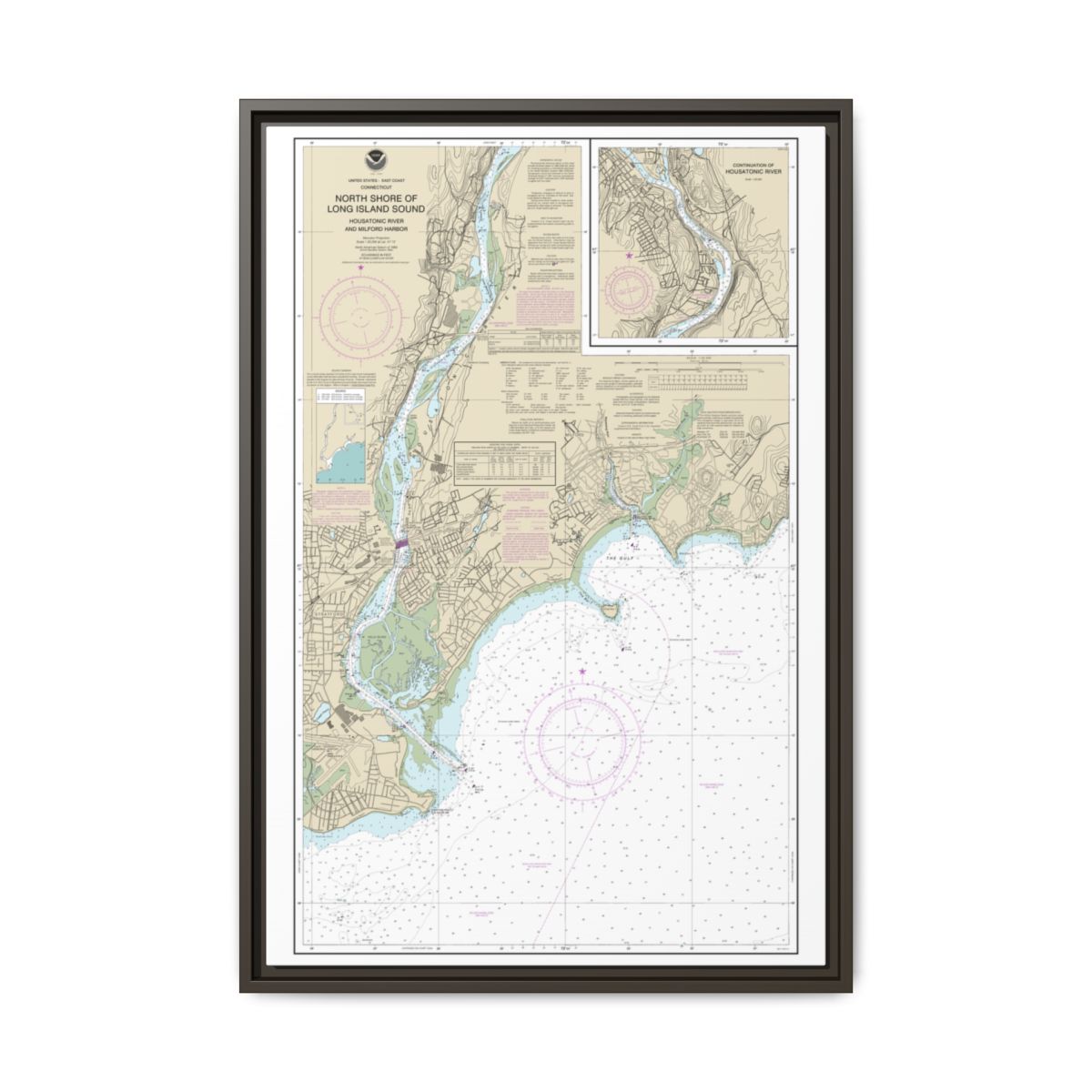 Chart 12370 North Shore of Long Island Sound Housatonic River and Milford Harbor - NOAA Nautical Chart Floating Frame Canvas | 20" x 30" | 24" x 36" | 32" x 48" - Espresso front