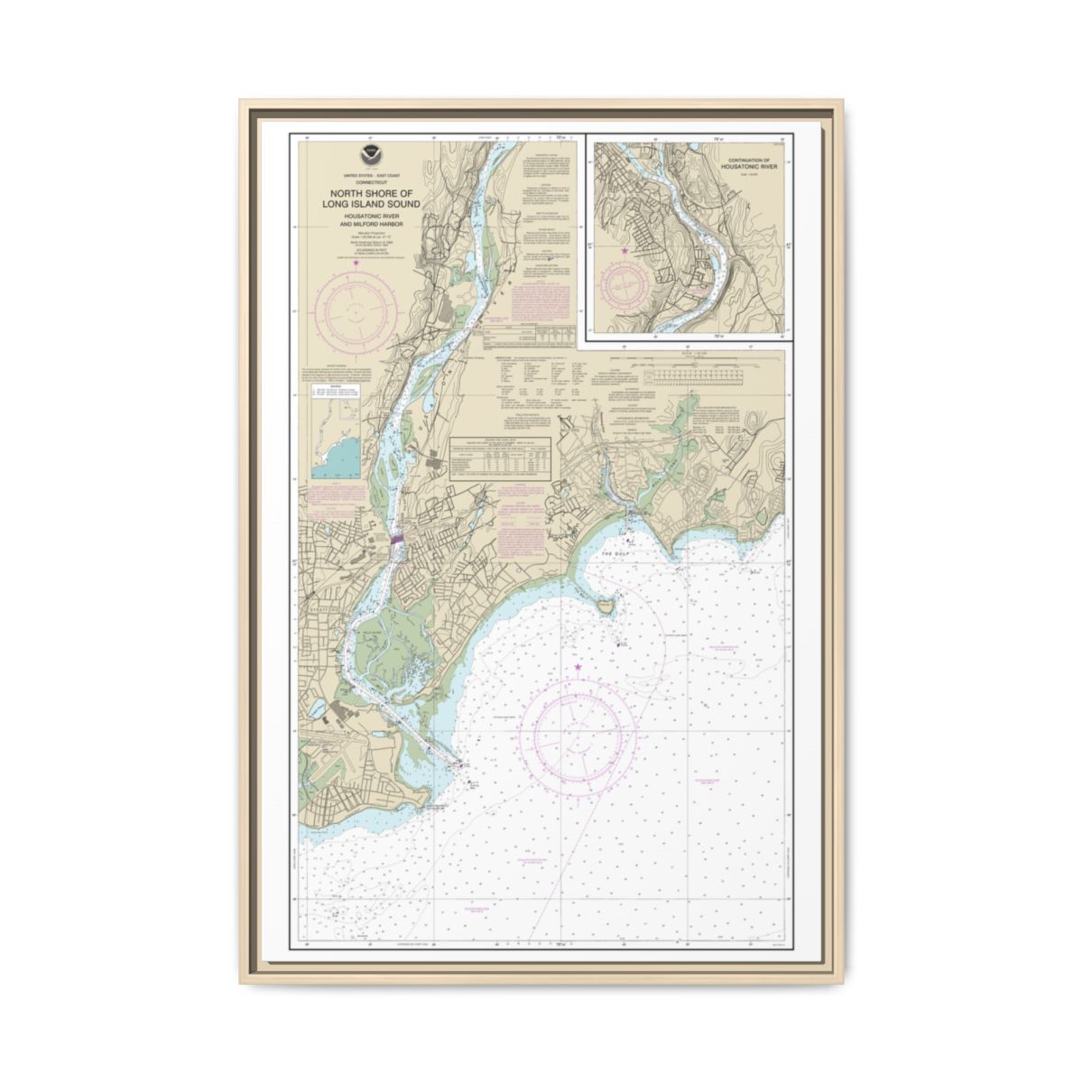 Chart 12370 North Shore of Long Island Sound Housatonic River and Milford Harbor - NOAA Nautical Chart Floating Frame Canvas | 20" x 30" | 24" x 36" | 32" x 48" - Natural front