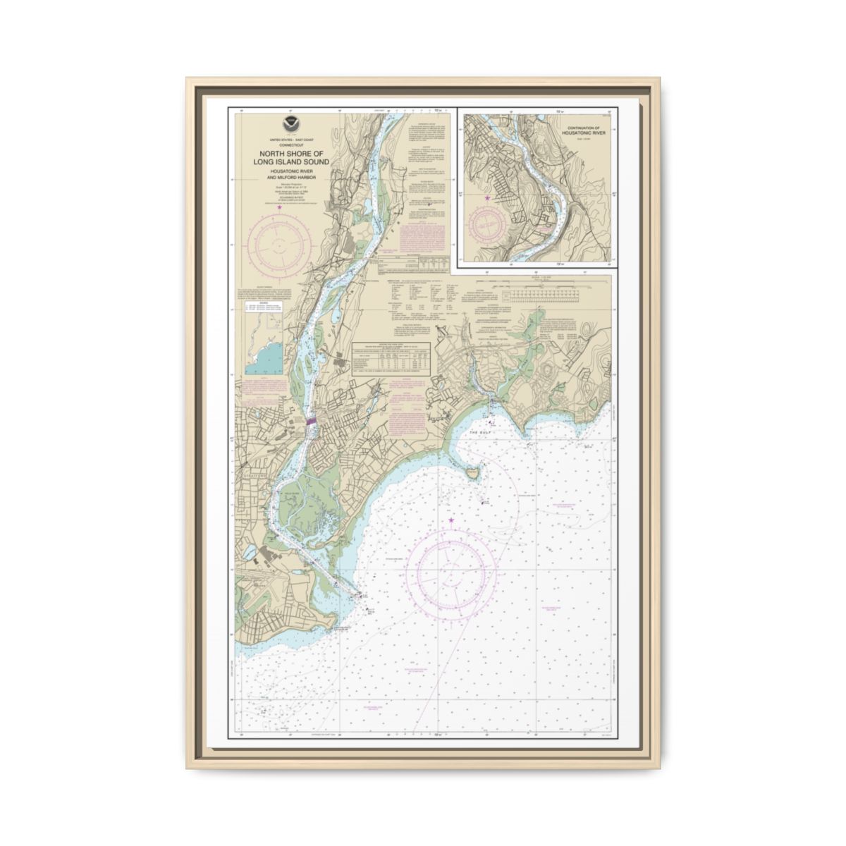 Chart 12370 North Shore of Long Island Sound Housatonic River and Milford Harbor - NOAA Nautical Chart Floating Frame Canvas | 20" x 30" | 24" x 36" | 32" x 48" - Natural front