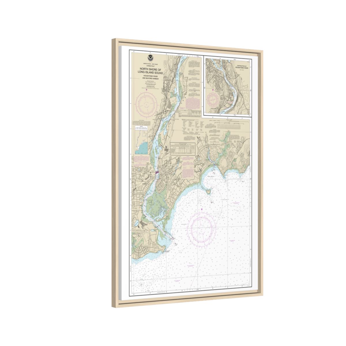 Chart 12370 North Shore of Long Island Sound Housatonic River and Milford Harbor - NOAA Nautical Chart Floating Frame Canvas | 20" x 30" | 24" x 36" | 32" x 48" - Natural side