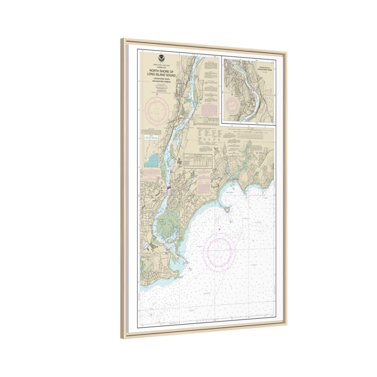 Chart 12370 North Shore of Long Island Sound Housatonic River and Milford Harbor - NOAA Nautical Chart Floating Frame Canvas | 20" x 30" | 24" x 36" | 32" x 48" - Natural side