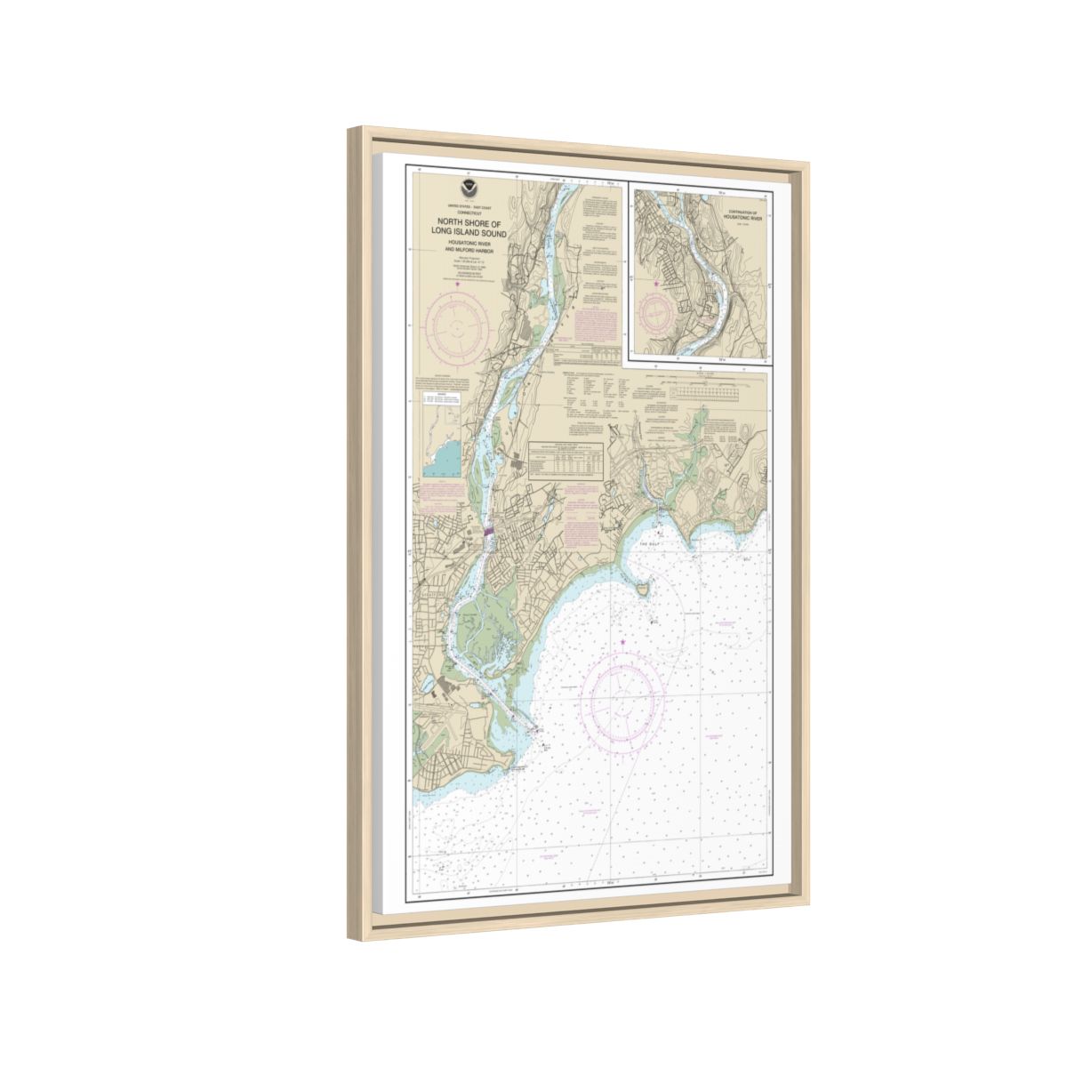 Chart 12370 North Shore of Long Island Sound Housatonic River and Milford Harbor - NOAA Nautical Chart Floating Frame Canvas | 20" x 30" | 24" x 36" | 32" x 48" - Natural side