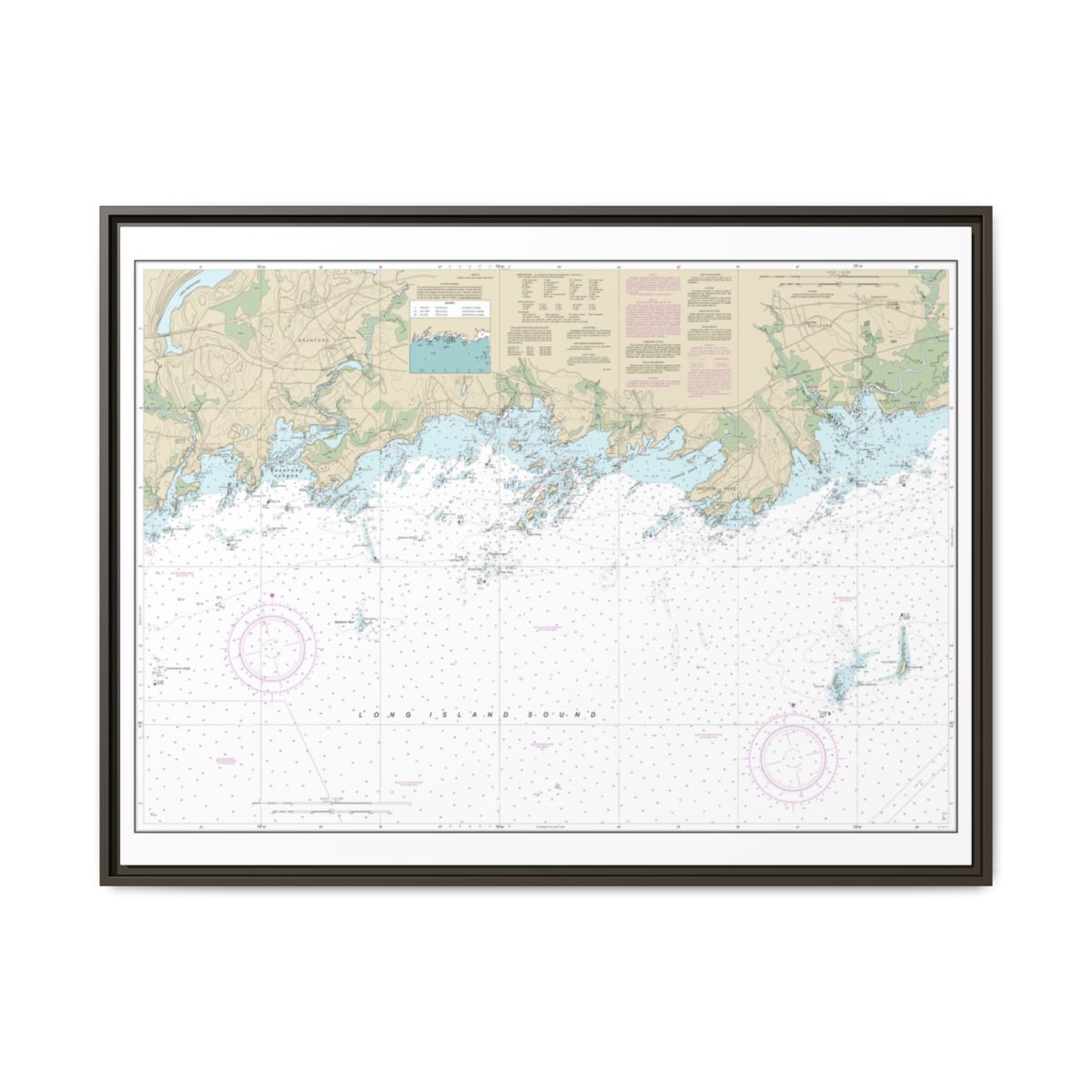 Chart 12373 North Shore of Long Island Sound Guilford Harbor to Farm River - NOAA Nautical Chart Floating Frame Canvas | 32" x 24" | 40" x 30" - Espresso front