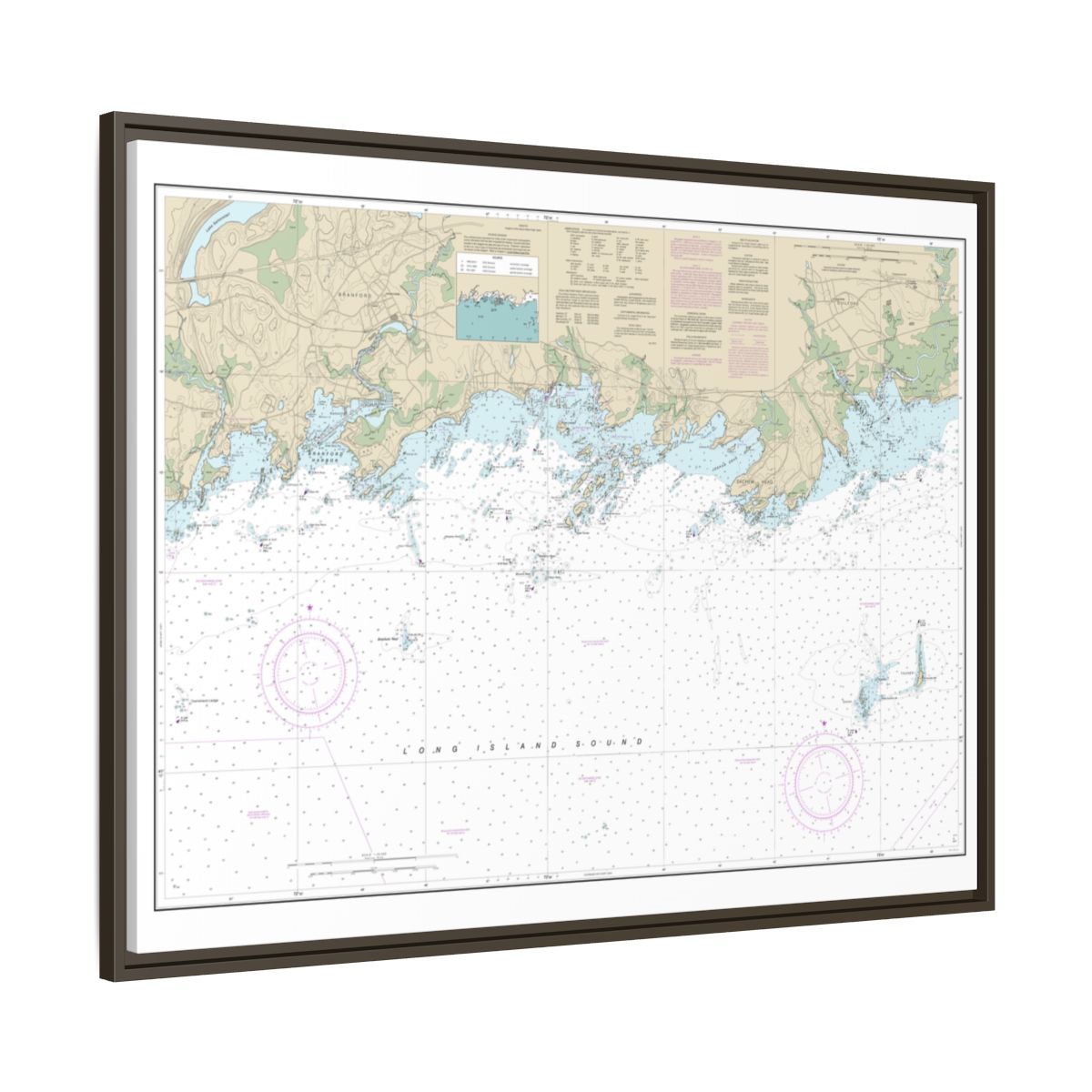 Chart 12373 North Shore of Long Island Sound Guilford Harbor to Farm River - NOAA Nautical Chart Floating Frame Canvas | 32" x 24" | 40" x 30" - Espresso side