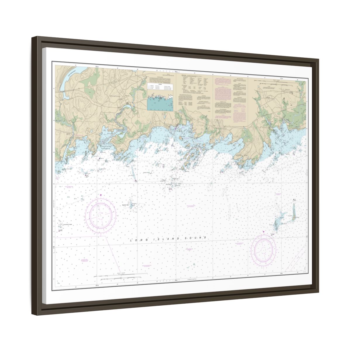 Chart 12373 North Shore of Long Island Sound Guilford Harbor to Farm River - NOAA Nautical Chart Floating Frame Canvas | 32" x 24" | 40" x 30" - Espresso side