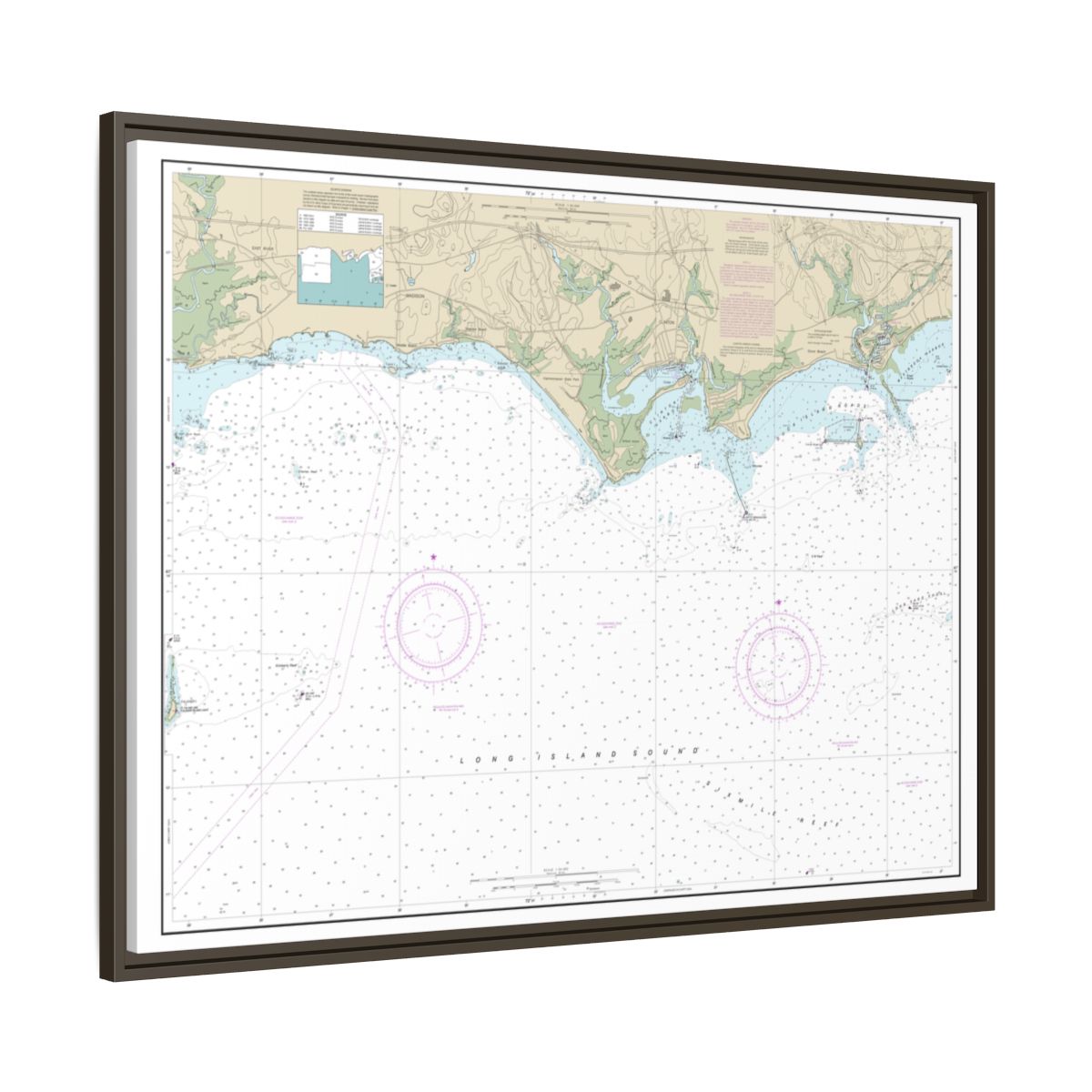 Chart 12374 North Shore of Long Island Sound Duck Island to Madison Reef - NOAA Nautical Chart Floating Frame Canvas | 32" x 24" | 40" x 30" - Espresso side