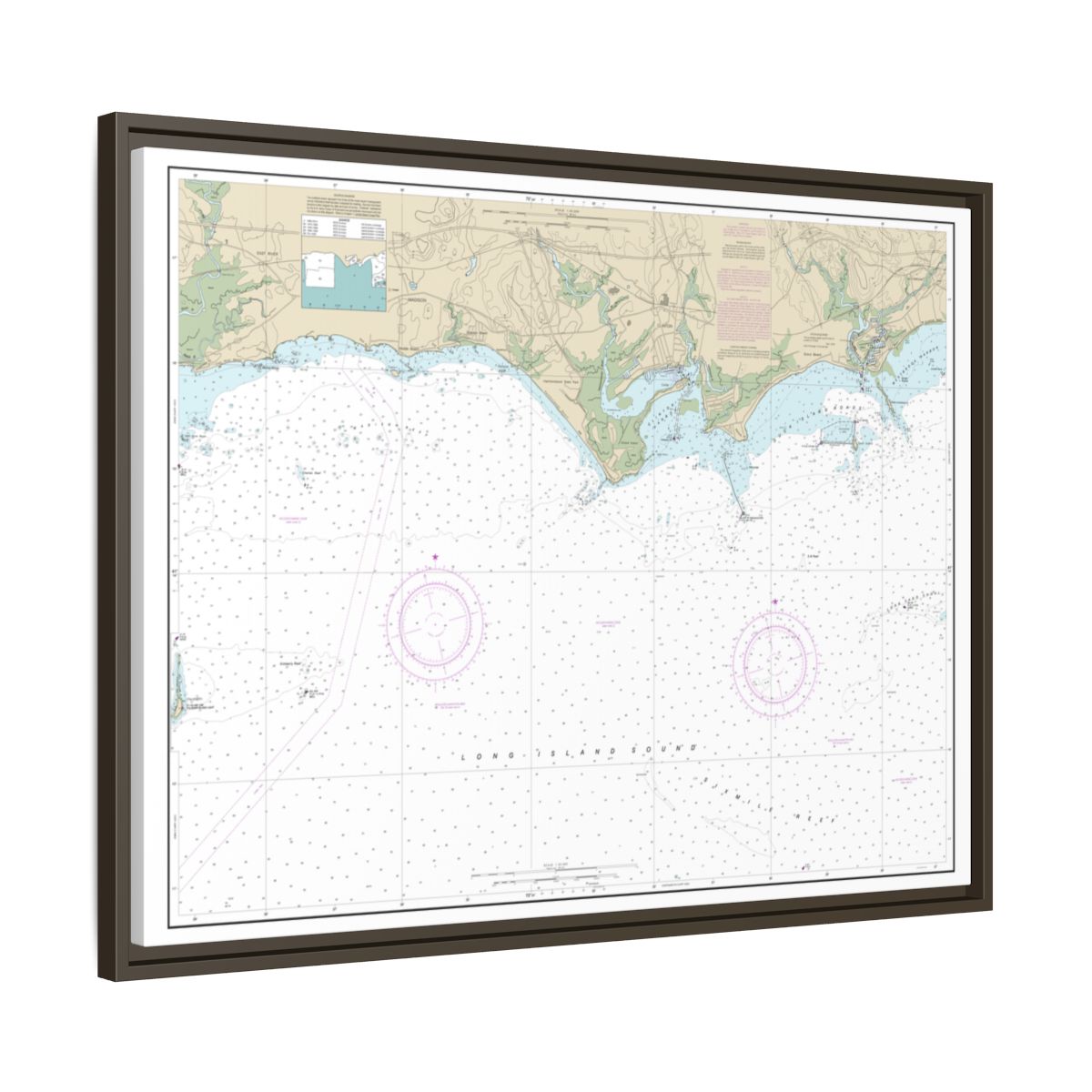 Chart 12374 North Shore of Long Island Sound Duck Island to Madison Reef - NOAA Nautical Chart Floating Frame Canvas | 32" x 24" | 40" x 30" - Espresso side