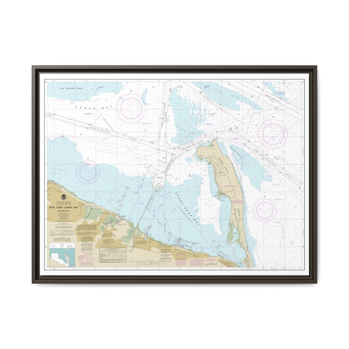 Chart 12401 New York Lower Bay Southern part - NOAA Nautical Chart Floating Frame Canvas | 32" x 24" | 40" x 30" - Espresso front