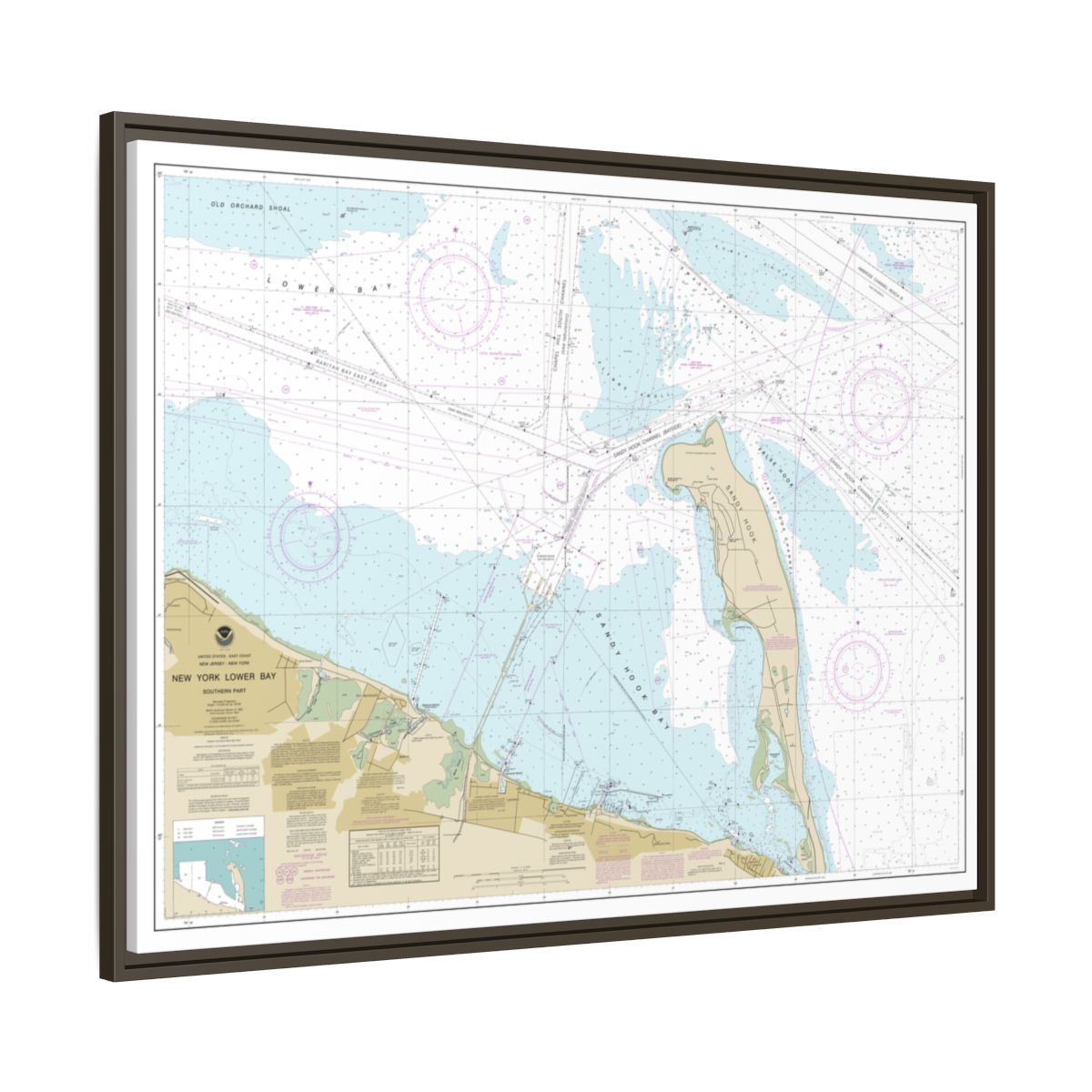 Chart 12401 New York Lower Bay Southern part - NOAA Nautical Chart Floating Frame Canvas | 32" x 24" | 40" x 30" - Espresso side