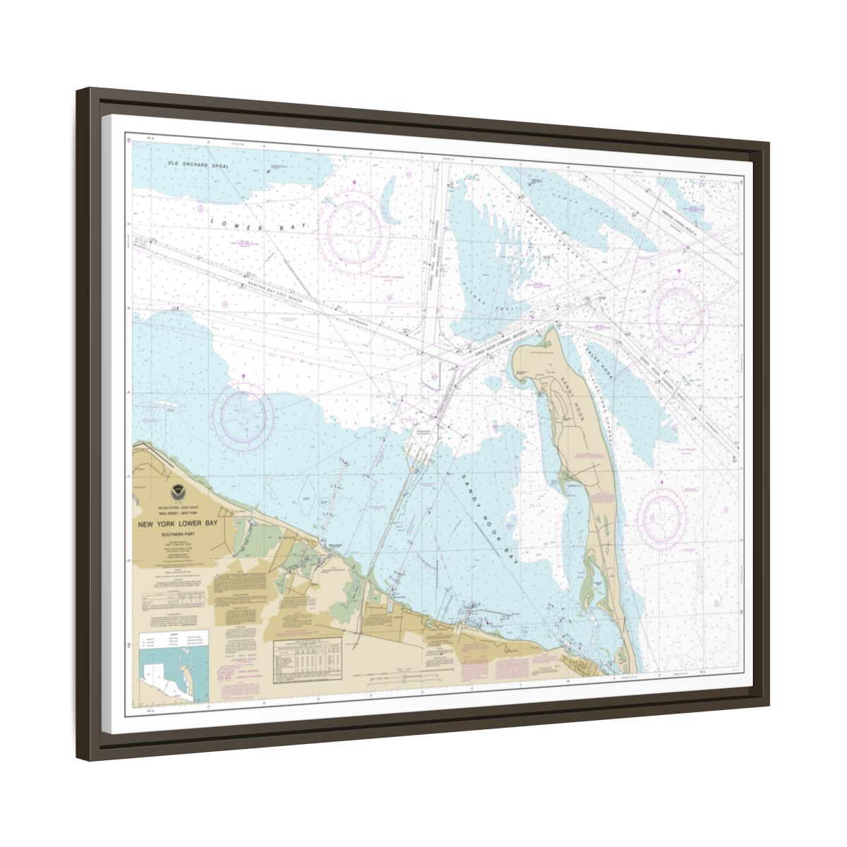 Chart 12401 New York Lower Bay Southern part - NOAA Nautical Chart Floating Frame Canvas | 32" x 24" | 40" x 30" - Espresso side