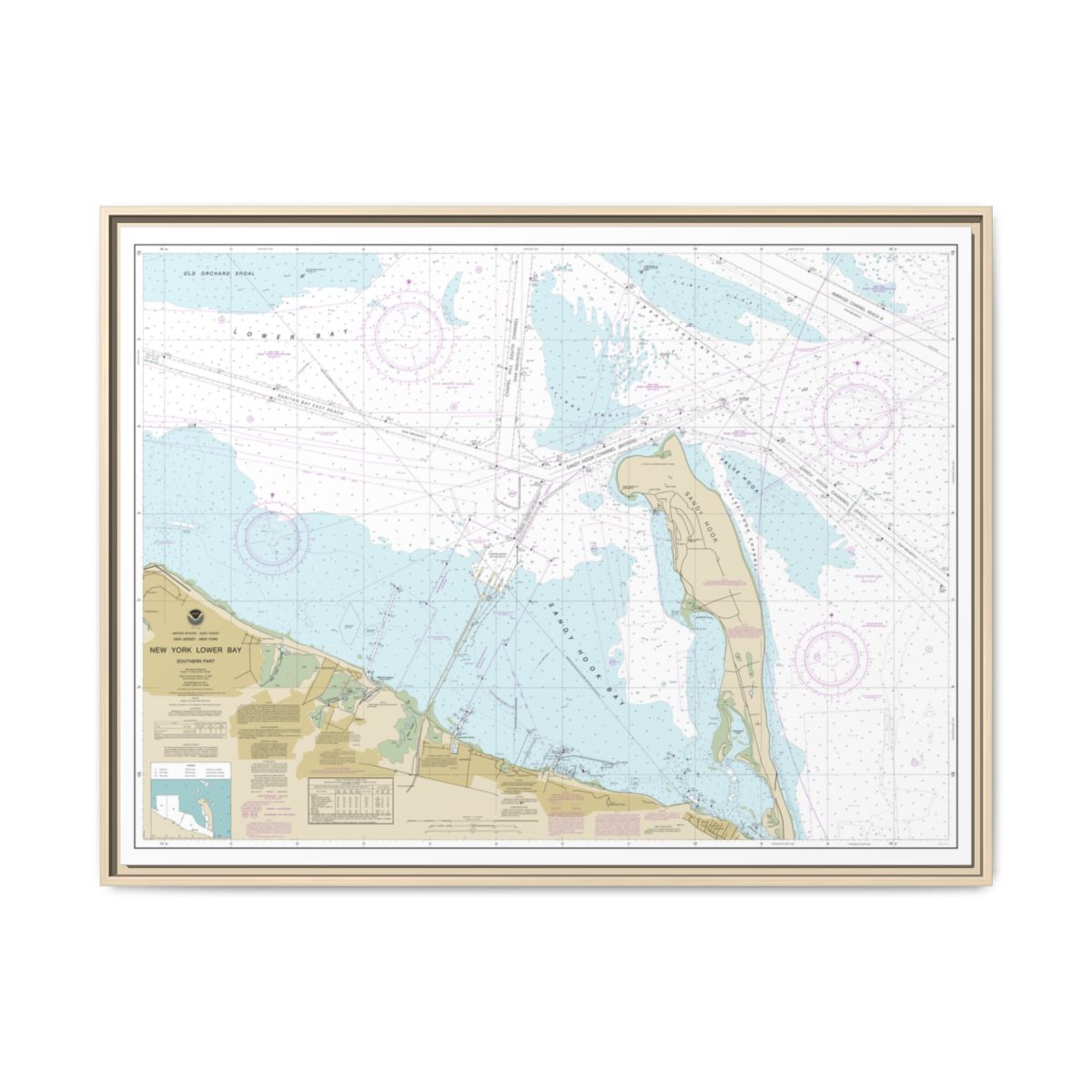 Chart 12401 New York Lower Bay Southern part - NOAA Nautical Chart Floating Frame Canvas | 32" x 24" | 40" x 30" - Natural front