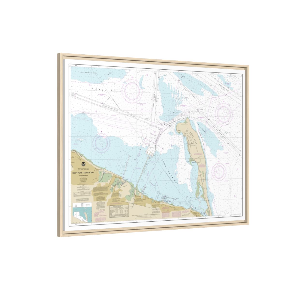 Chart 12401 New York Lower Bay Southern part - NOAA Nautical Chart Floating Frame Canvas | 32" x 24" | 40" x 30" - Natural side
