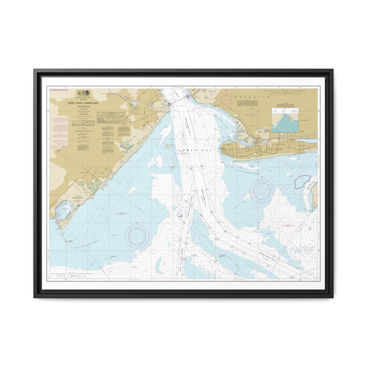 Chart 12402 New York Lower Bay Northern part - NOAA Nautical Chart Floating Frame Canvas | 32" x 24" | 40" x 30" - Black front