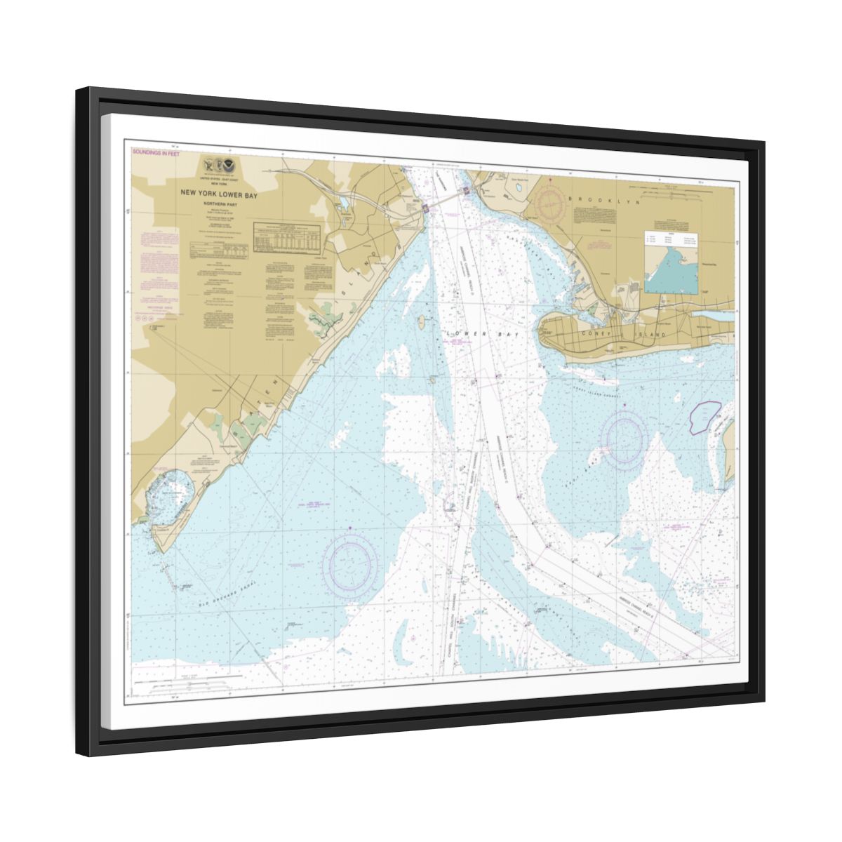 Chart 12402 New York Lower Bay Northern part - NOAA Nautical Chart Floating Frame Canvas | 32" x 24" | 40" x 30" - Black side