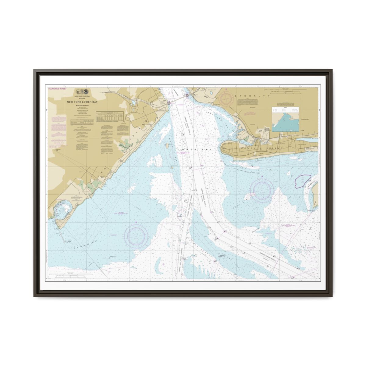 Chart 12402 New York Lower Bay Northern part - NOAA Nautical Chart Floating Frame Canvas | 32" x 24" | 40" x 30" - Espresso front
