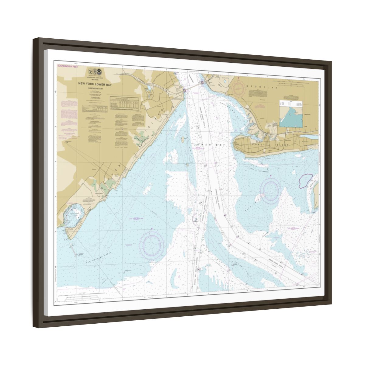 Chart 12402 New York Lower Bay Northern part - NOAA Nautical Chart Floating Frame Canvas | 32" x 24" | 40" x 30" - Espresso side