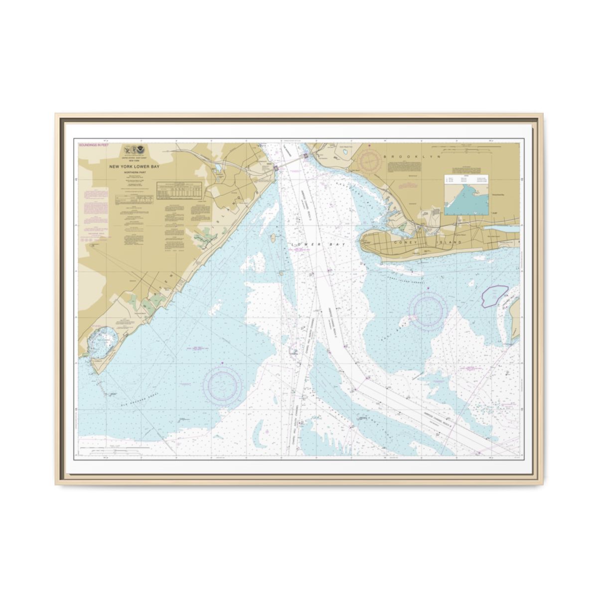 Chart 12402 New York Lower Bay Northern part - NOAA Nautical Chart Floating Frame Canvas | 32" x 24" | 40" x 30" - Natural front
