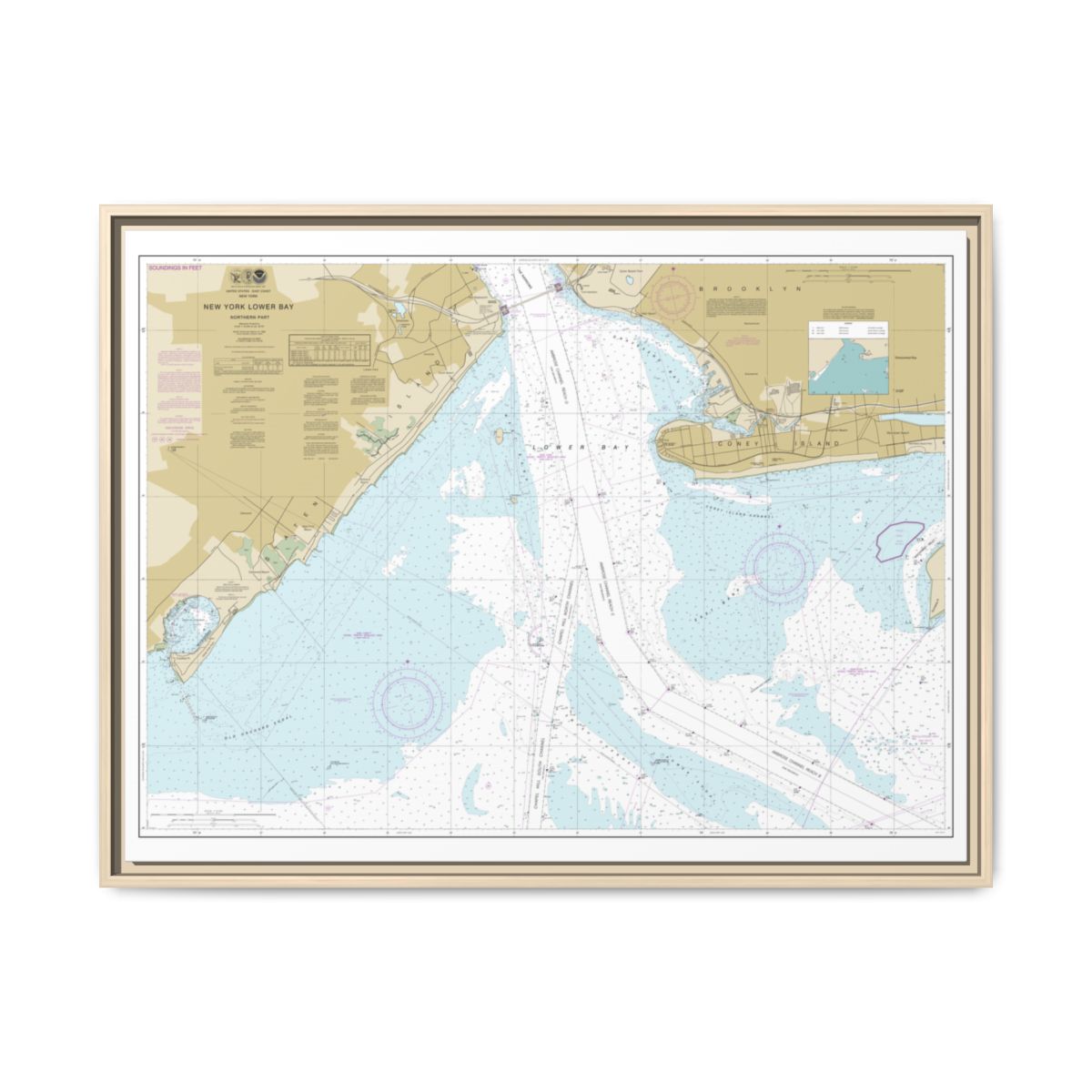Chart 12402 New York Lower Bay Northern part - NOAA Nautical Chart Floating Frame Canvas | 32" x 24" | 40" x 30" - Natural front