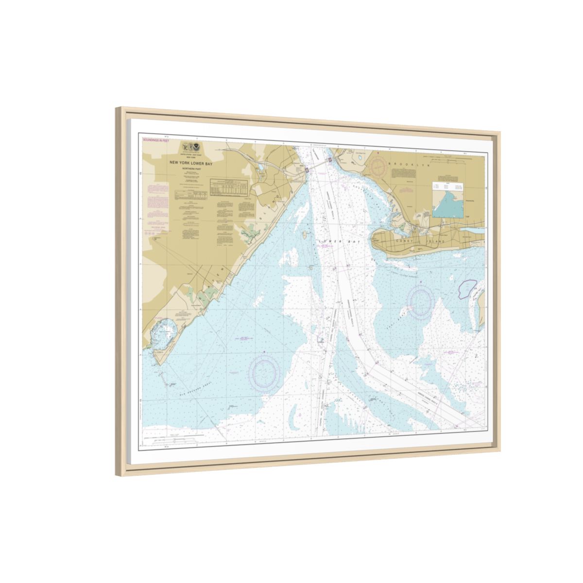 Chart 12402 New York Lower Bay Northern part - NOAA Nautical Chart Floating Frame Canvas | 32" x 24" | 40" x 30" - Natural side