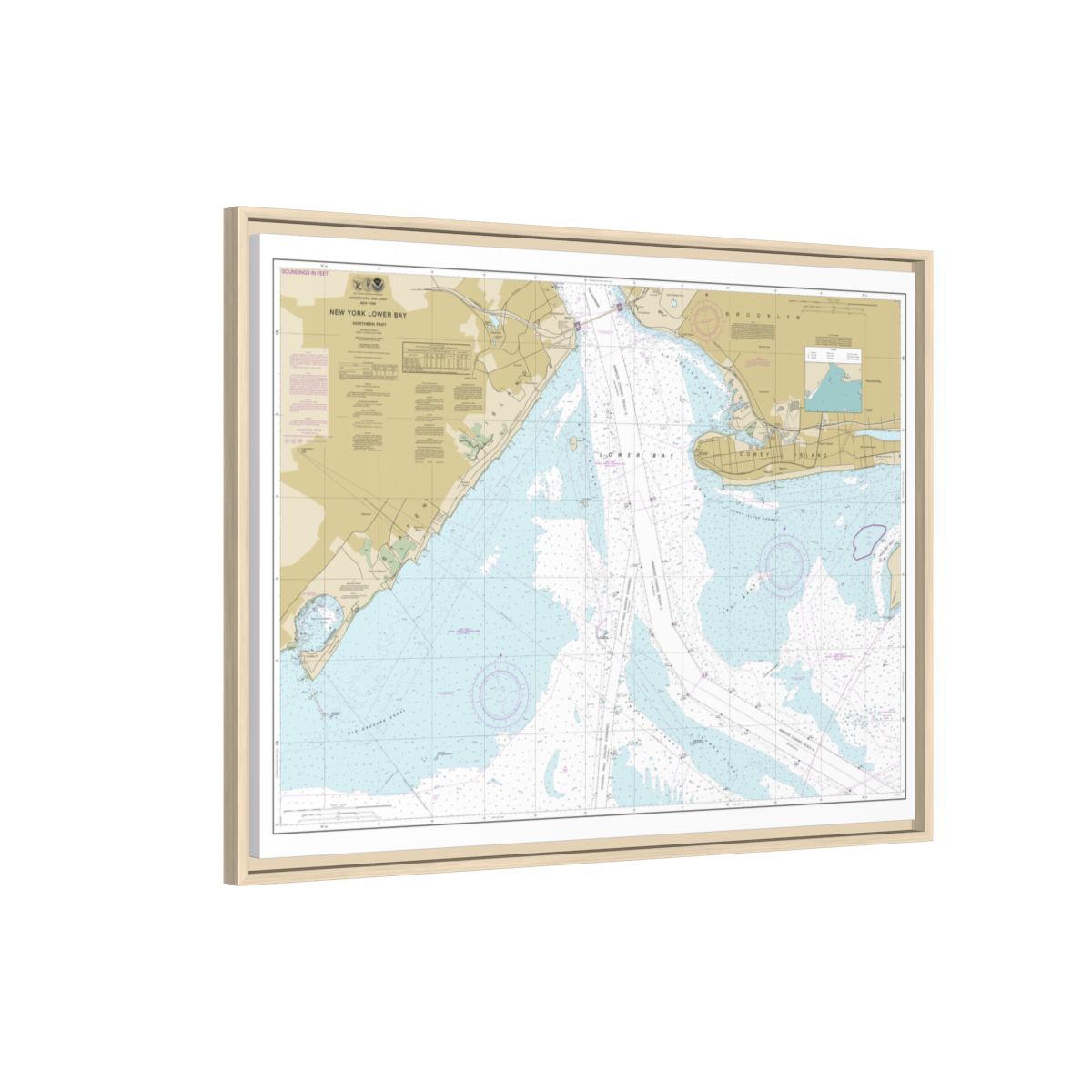Chart 12402 New York Lower Bay Northern part - NOAA Nautical Chart Floating Frame Canvas | 32" x 24" | 40" x 30" - Natural side
