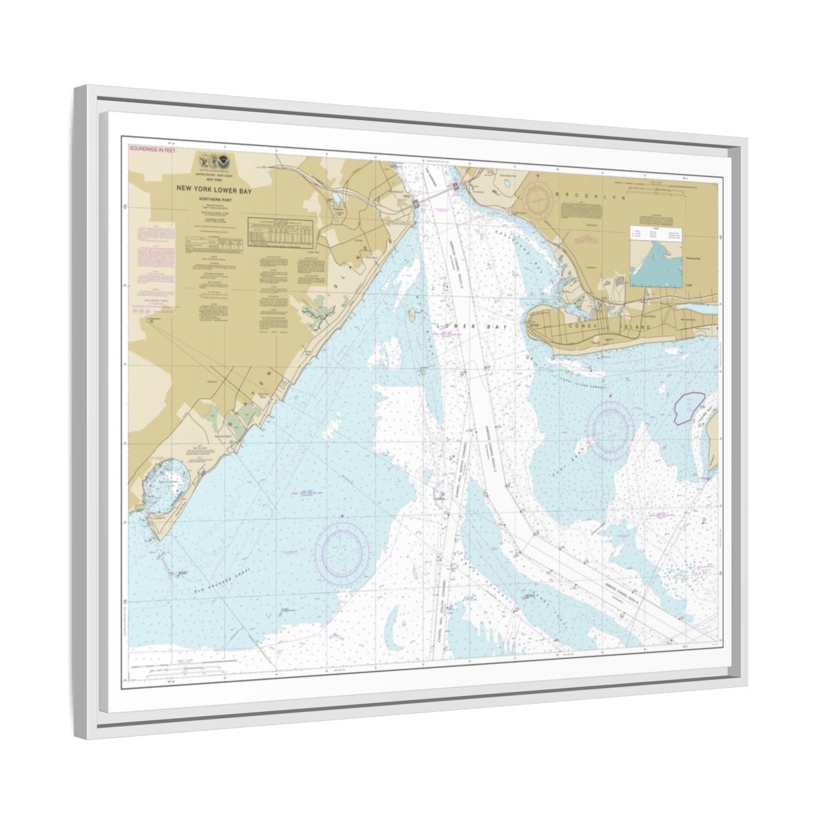 Chart 12402 New York Lower Bay Northern part - NOAA Nautical Chart Floating Frame Canvas | 32" x 24" | 40" x 30" - White side