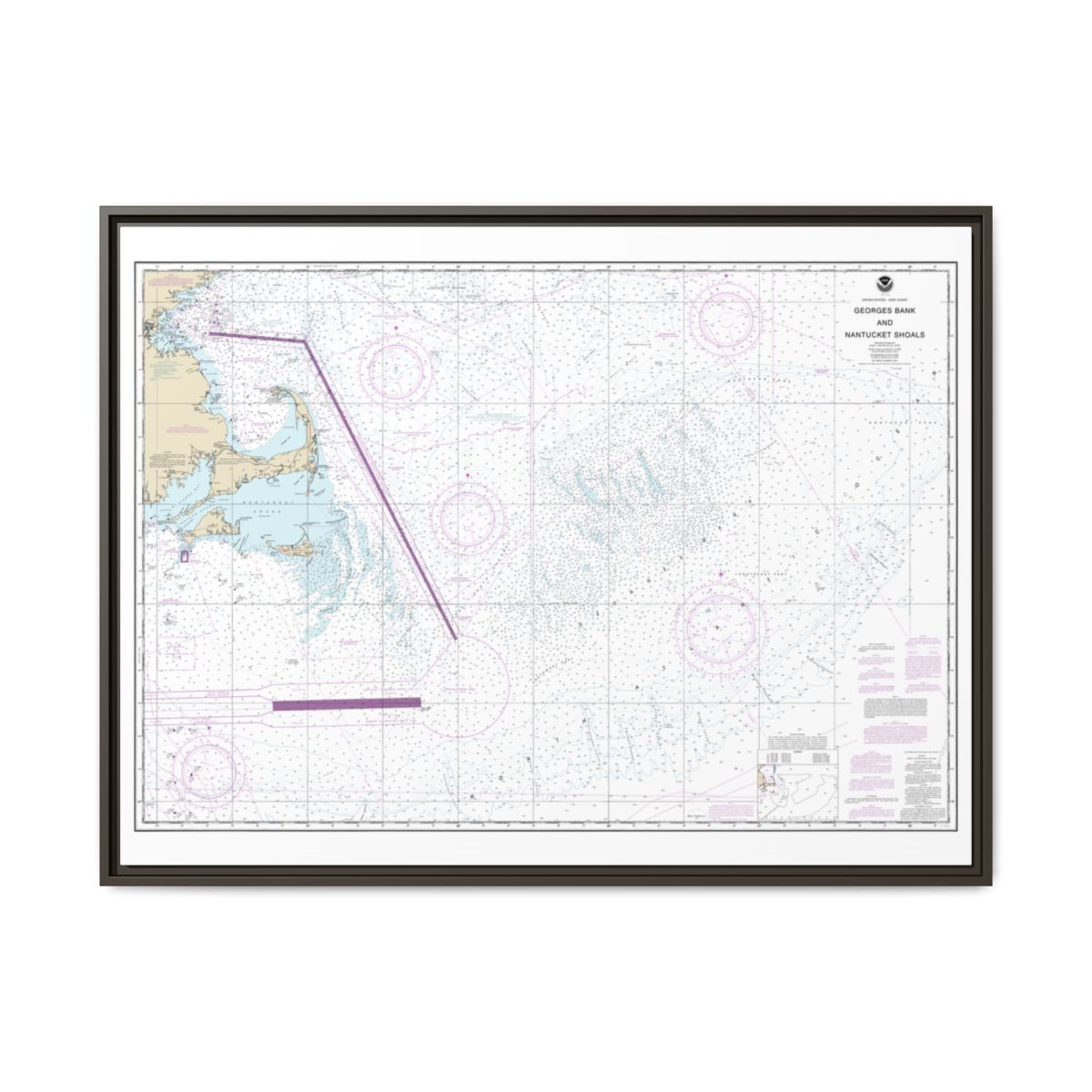Chart 13200 Georges Bank and Nantucket Shoals - NOAA Nautical Chart Floating Frame Canvas | 32" x 24" | 40" x 30" - Espresso front