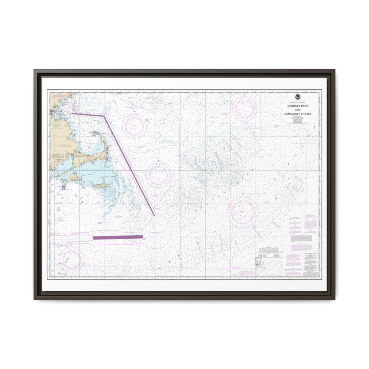 Chart 13200 Georges Bank and Nantucket Shoals - NOAA Nautical Chart Floating Frame Canvas | 32" x 24" | 40" x 30" - Espresso front
