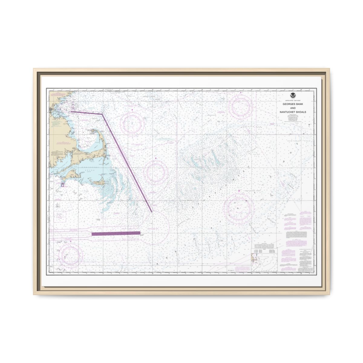Chart 13200 Georges Bank and Nantucket Shoals - NOAA Nautical Chart Floating Frame Canvas | 32" x 24" | 40" x 30" - Natural front