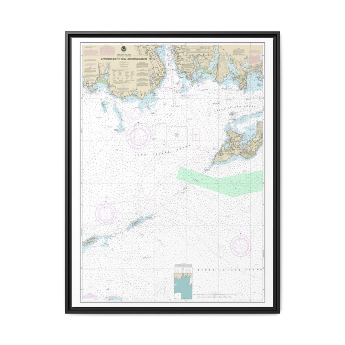 Chart 13212 Approaches to New London Harbor - NOAA Nautical Chart Floating Frame Canvas | 24" x 32" | 30" x 40" - Black front