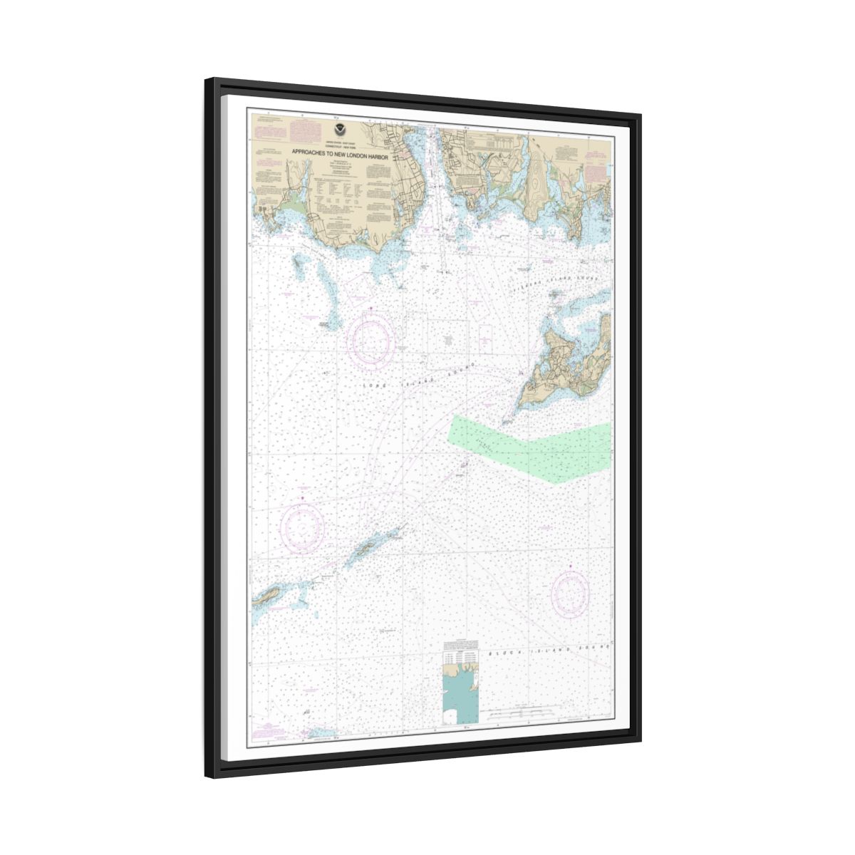 Chart 13212 Approaches to New London Harbor - NOAA Nautical Chart Floating Frame Canvas | 24" x 32" | 30" x 40" - Black side